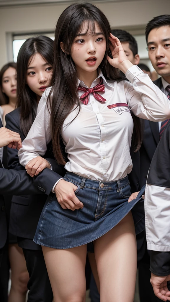 (realisitic、Photorealsitic:1.37)、(8K、Raw photography、top-quality、​masterpiece:1.2)、Very cute woman、ultra-detailliert、Heart-shaped pupil、physically-based renderingt、超A high resolution、Kodak Vision Color、Captured with an Arricam LT camera、bokeh dof、foco nítido、(((Correct anatomy:1.2)))、Bold makeup:1.2、eyeshadows:1.2、Anaisha, medium (shoulder-length:1.2) windblown hair, (masterpiece,best quality:1.4),(8k,raw photo,photo realistic:1.2),(japanese girl),(3girls:2),(school uniforms,panties,skirt,socks,classroom,cry:1.2),(shibari,large breasts:1.5)