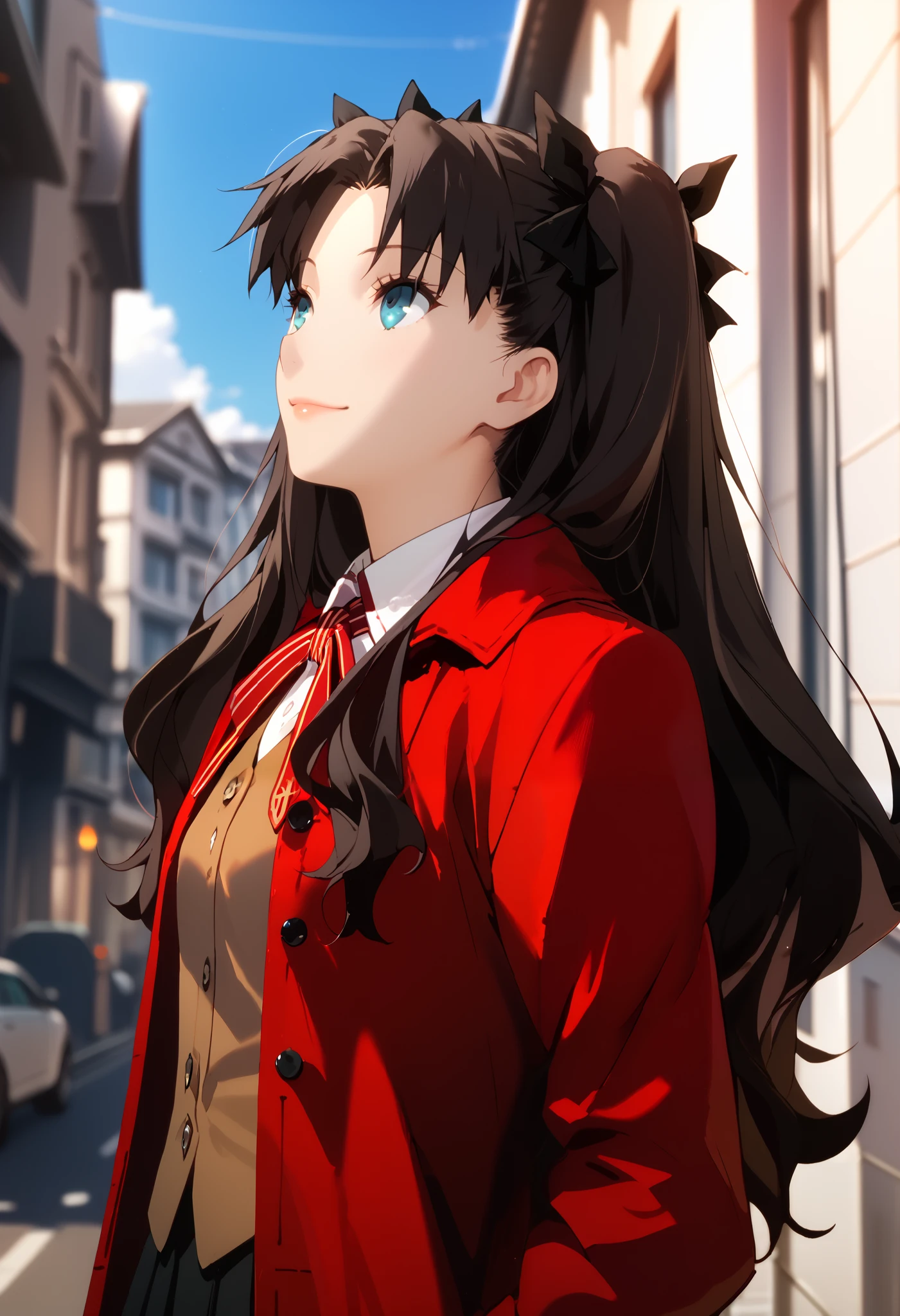 1girl, solo, tohsaka rin, dutch angle, from below, (looking up to the sky: 1.2), black hair, blue eyes, (beautiful detailed eyes: 1.2), school uniform, high-collar white shirt, red ribbon, brown vest, red coat, black skirt, posing for a photo, cute smile, japa streets, beautiful sunset, wallpaper, masterpiece, high quality, highly detailed