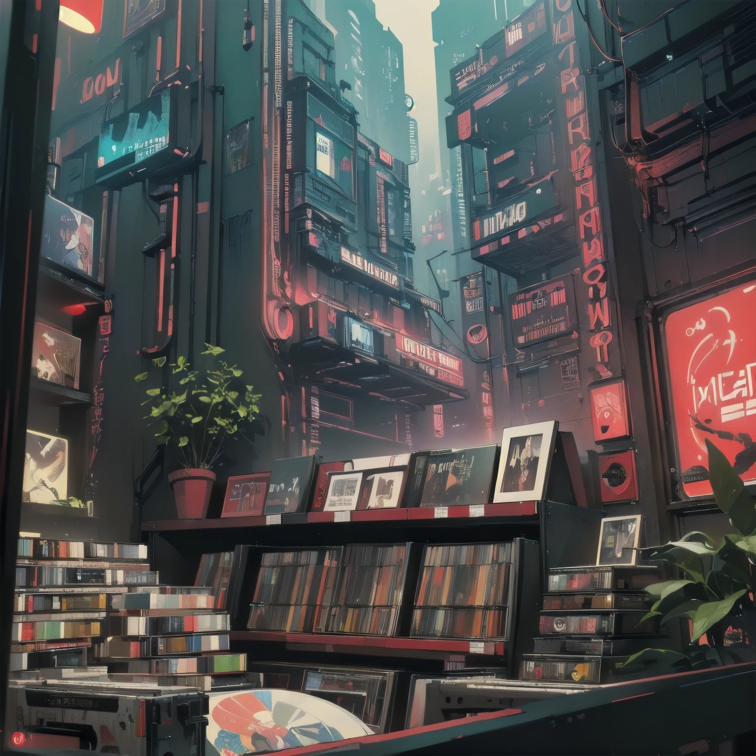 (((Masterpiece, best quality )))、(((32K Wallpaper)))、 intricate details, (((unmanned))), space, movie poster, (((Record store))), nostalgia, panorama, Long Hit, ((( records on the shelf.))), ((( Different angles ))),Futuristic interior , (((neon))), (((plant))), ((red)))、((( cyberpunk、cool)))、 Godzilla