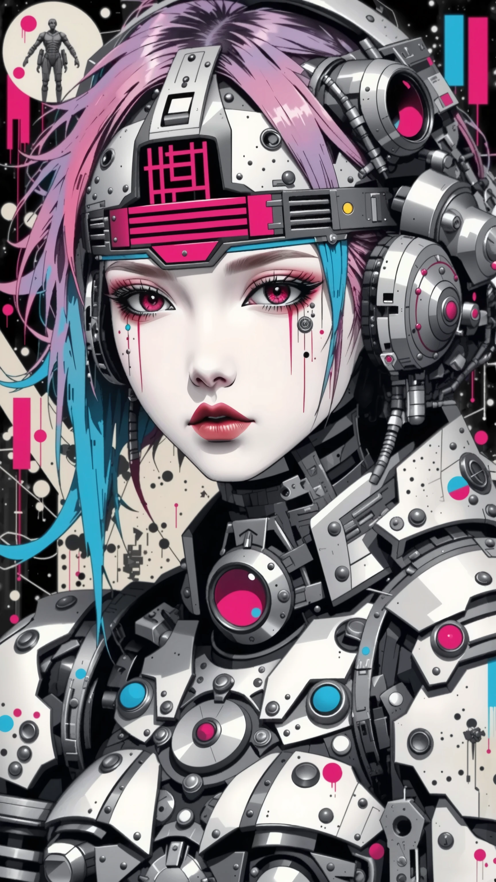 anime style from 80's, (woman in sci-fi armor, dark red-gray armor), style of junji ito, sweat under the eyes, Ink sketch, monochrome with two colors, Armored tubes and wires, Complex background, dark pattern with black gradients, style of junji ito, Ghost in the Shell, small key, low contrast