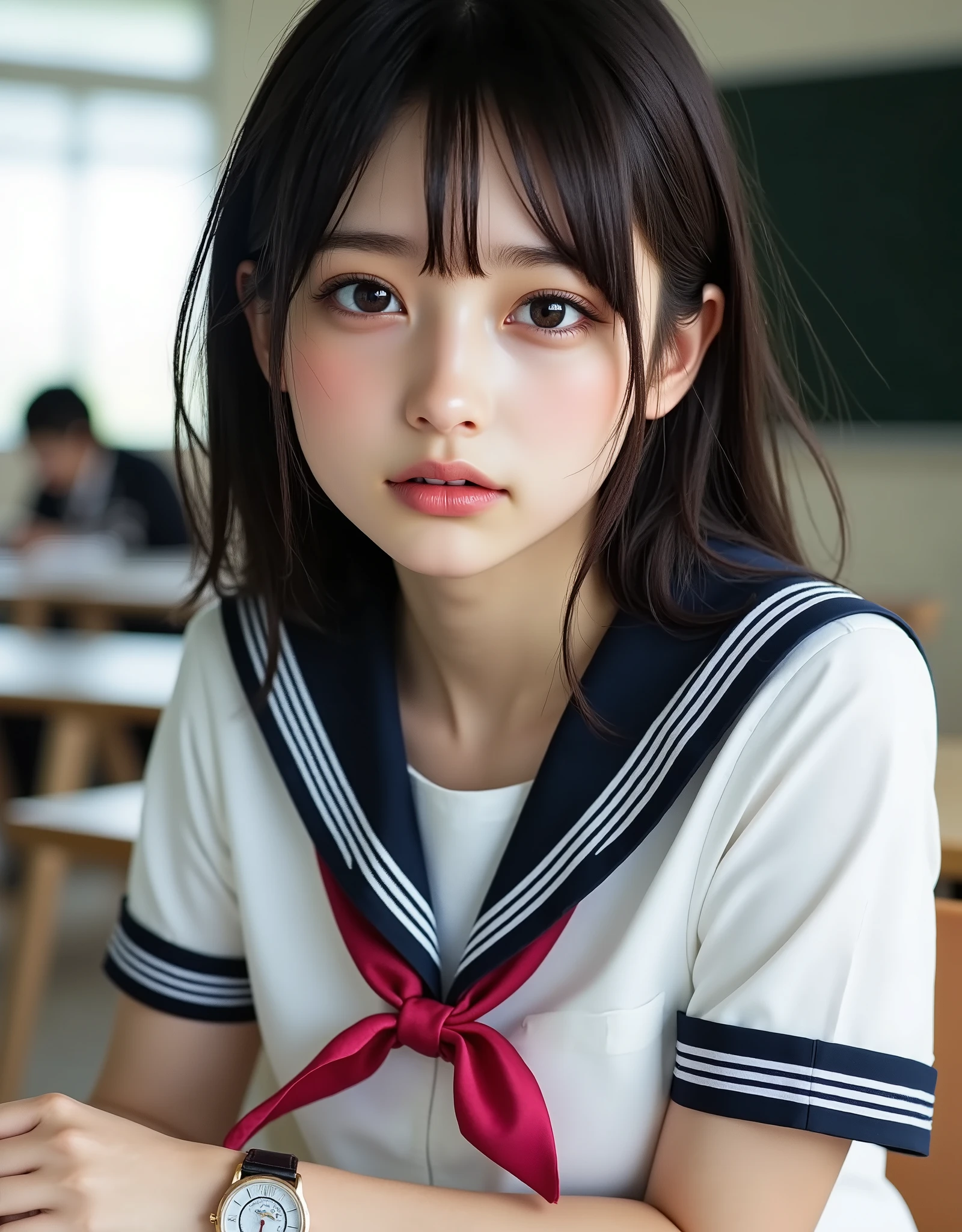 (Canon), (EOS R5), (50mm), ((( photorealistic:1.5))), (No lens flare :1.5), ((超 high resolution)), (masterpiece),  accurate,( realisticな質感の肌),  more details,  high detail,  High Quality  ,  Award-winning work , 最 High Quality , 32K,  written depth,  digital camera,  Award-winning glamour photo  ,  professional lighting, (SFW), ((最 High Quality :1.5)), ((masterpiece:1.5)), (( realistic)),  high resolution, realisticな影, Roughness, Real Life,( a very beautiful and cute single Japanese woman), ( The cuteness of Japan's top idol ), ((Upper body shot seen obliquely from the front :1.5)), (( upper body shot from head to knee  :1.5)), (( cute 18-year-old Japanese high school girl )), (( high school classroom ,  desk, chair, blackboard, and window visible )), (((襟と胸当てが紺色で3本の白色ラインがある半袖の紺色夏服セーラー服と dark blue flare skirt を着て椅子に座っている:1.8))), ((Short-sleeved navy blue sailor suit with dark blue collar and breastplate :1.8)), (( no front buttons on a sailor suit :1.8)), (( The chest of the sailor suit is dark blue and has 3 white lines :1.5)), (( dark blue flare skirt :1.5)), ((red scarf for sailor suit:1.8)), ((Navy blue scarf closure :1.5)), (( no accessories:1.5)), (( No Earrings :1.5)), ((Without necklace:1.5)), ((Women's watch on her left arm )), (( a very cute high school girl who feels young )), Attractive cuteness ,  seductive pose , Height: 160cm,  slim figure, Beautifully shaped bust, D Cup, ((少し歯が見える very cute smile:1.5)), (Alone:1.5), (There is only one person in the classroom), ( brown eyes:1.9), ( Detailed depiction of extremely realistic skin ), (Highly detailed, realistic eyes:1.9), (Very beautiful, long, realistic eyelashes), (Highly detailed, realistic eyebrows), (丸い brown eyes :1.8), ( beautiful catchlight on the eyes), (Realistic lips with moisture ), ( white realistic teeth arranged neatly), ( Beautiful and Detailed Face :1.6), ( hourglass figure :1.6), (Wasp waist :1.5), ( Perfectly round and beautifully shaped bust :1.8), ( clearly contoured cheekbones  :1.5), ( perfectly styled body  :1.8), (Healthy body :1.8), (Narrow shoulders:1.9), ( staring at viewers), ( seductive gaze ), (Beautiful, natural-looking hands), ( beautiful pink nails with a beautiful length ), ( show your hands as little as possible ), ( very cute smile:1.1), ( her stomach and navel may be slightly visible:1.4), ( dark hair medium hair :1.3), ( beautiful black hair), (With bangs), Natural atmosphere, Very cute type,  Beautiful Thighs, (( evening classroom )), (( with a pencil case and notebook on her desk :1.4)), (( show your hands as little as possible )), ((I can&#39;t show my feet)),  blur background, Illuminate the face,  Dynamic Poses , beautiful body line , Beautiful, realistic skin , Art Photography,  beautiful soft lighting ,  accurate手の形, accurate指の形, accurate指の数,5 fingers on one hand ,((No watermark, No signature))