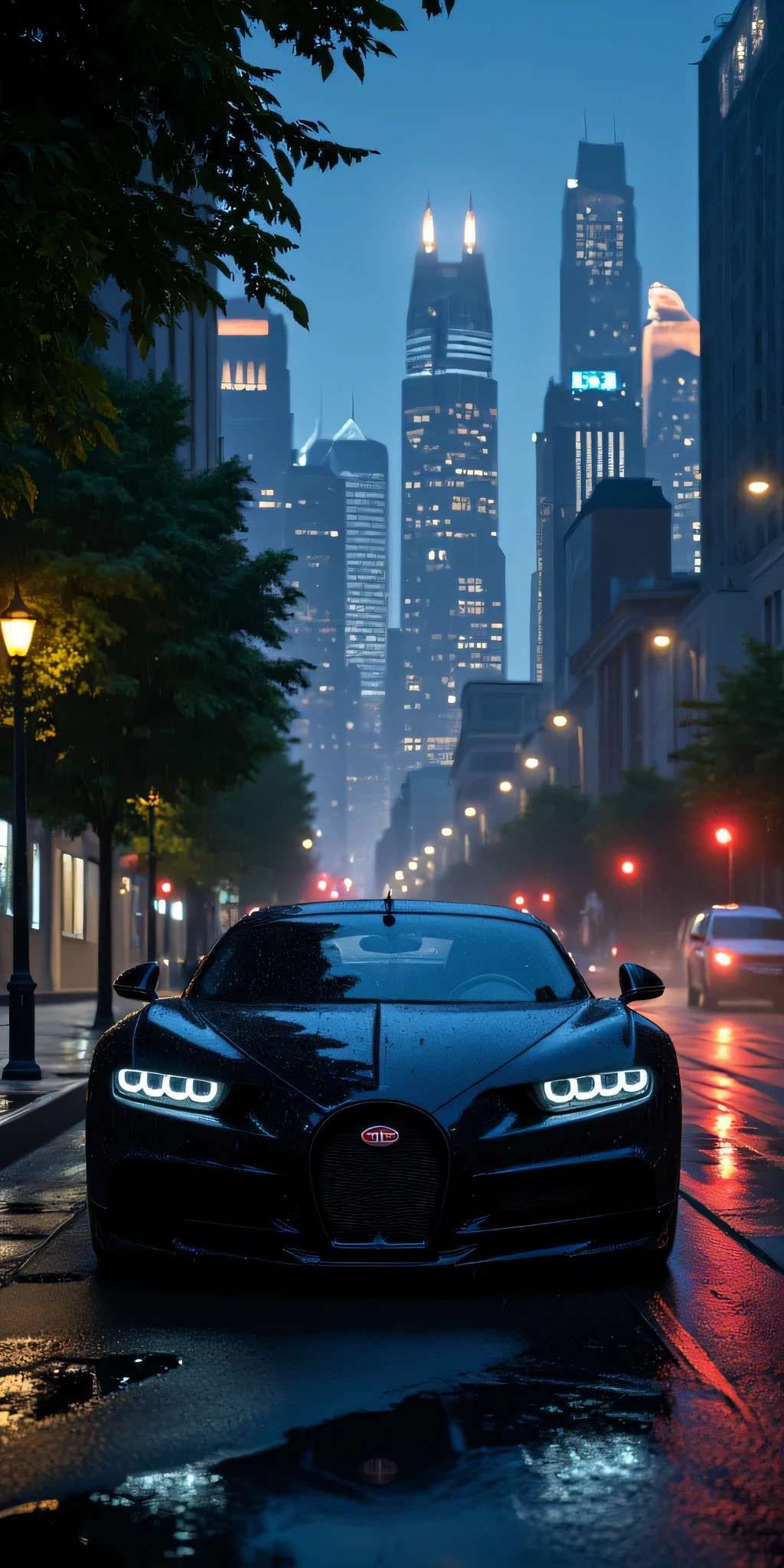 Hyperrealistic image of a black Bugatti Chiron car, parked on a quiet avenue, against a background of a beautiful modern city, at night and in the rain. Cinematic lighting, 8K, UHD.