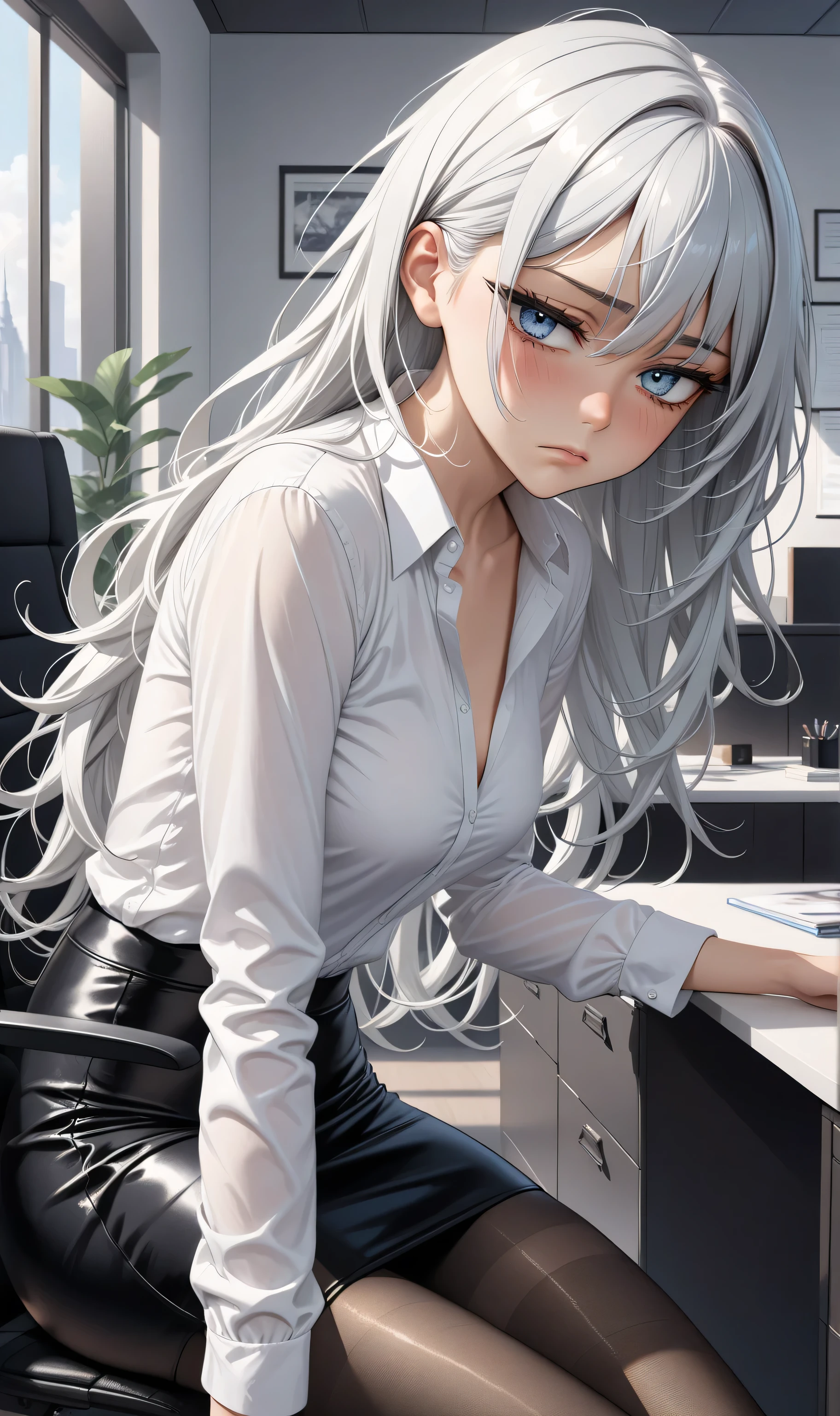 (Highest quality, High resolution, Very detailed), 1 female, Silver Hair, Long Hair, Reddish brown eyes, office staff suit skirt, lace thong, Large Breasts, secretary, 24th generation, Beautiful woman, mature, thin, quiet, Calm, Large Breasts, A small smile, office,