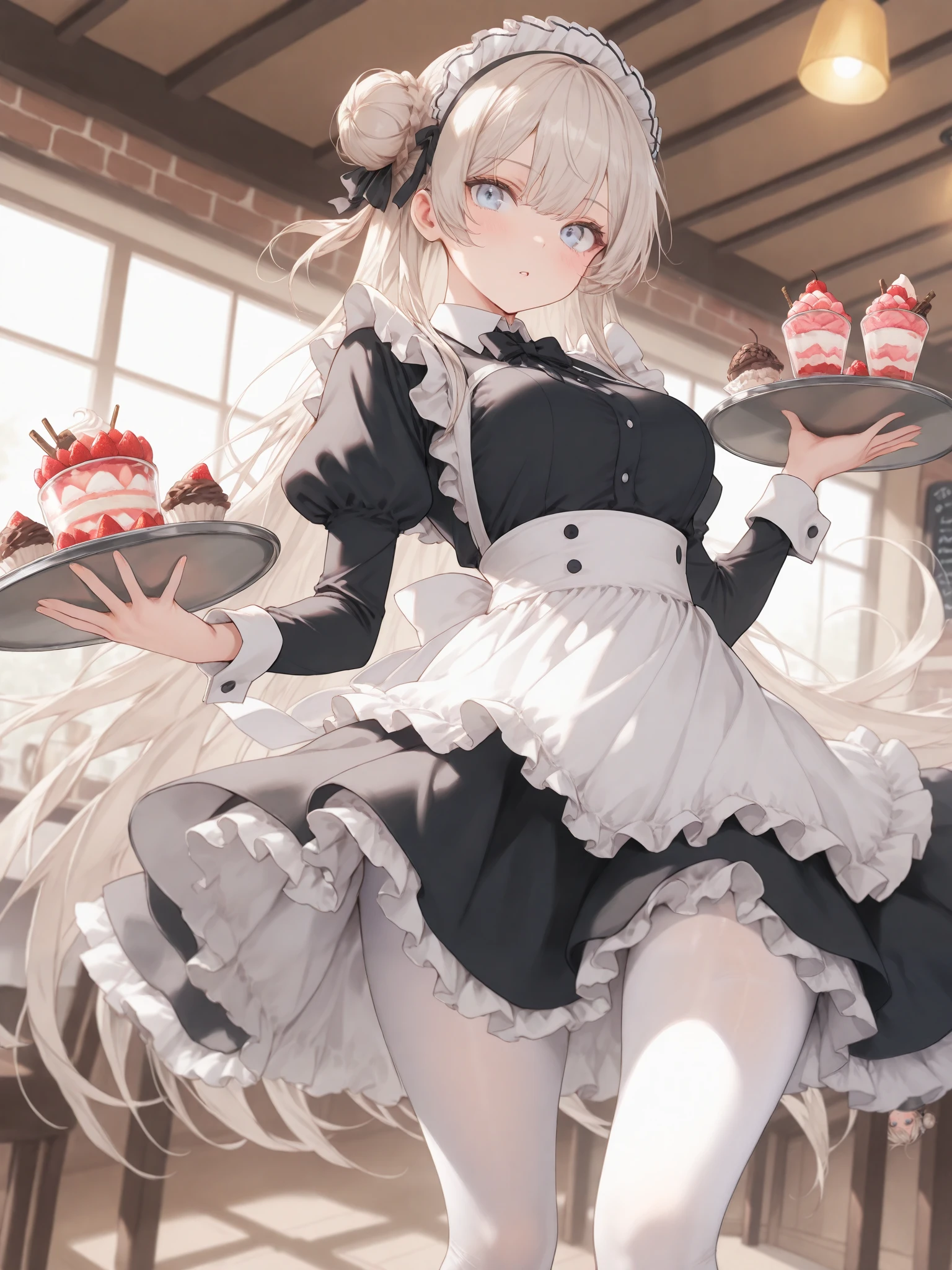 (masterpiece, best quality, ultra-detailed character), 1girl, platinum blonde hair, very long hair, single side bun, light blue eyes, maid, frills, maid cafe, white pantyhose, holding tray, sweets, dessert,, dynamic pose, dynamic angle, perfect composition,