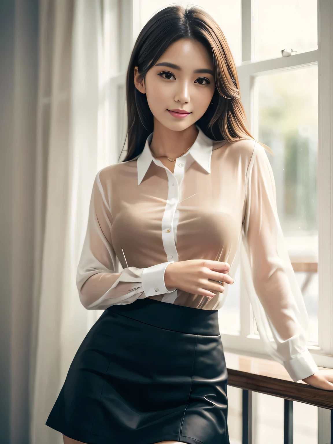 Tabletop, highest quality, Realistic, Very detailed, finely, High resolution, 8k wallpaper, One beautiful woman,, Light brown messy hair, He is wearing a black see-through dress shirt with an open collar....., Sharp focus, Perfect dynamic composition, Beautiful and detailed, Thinning hair, Detailed Realistic skin texture, smile, Close-up portrait, Model Body Type、president&#39;secretary、mini skirt、High heels、