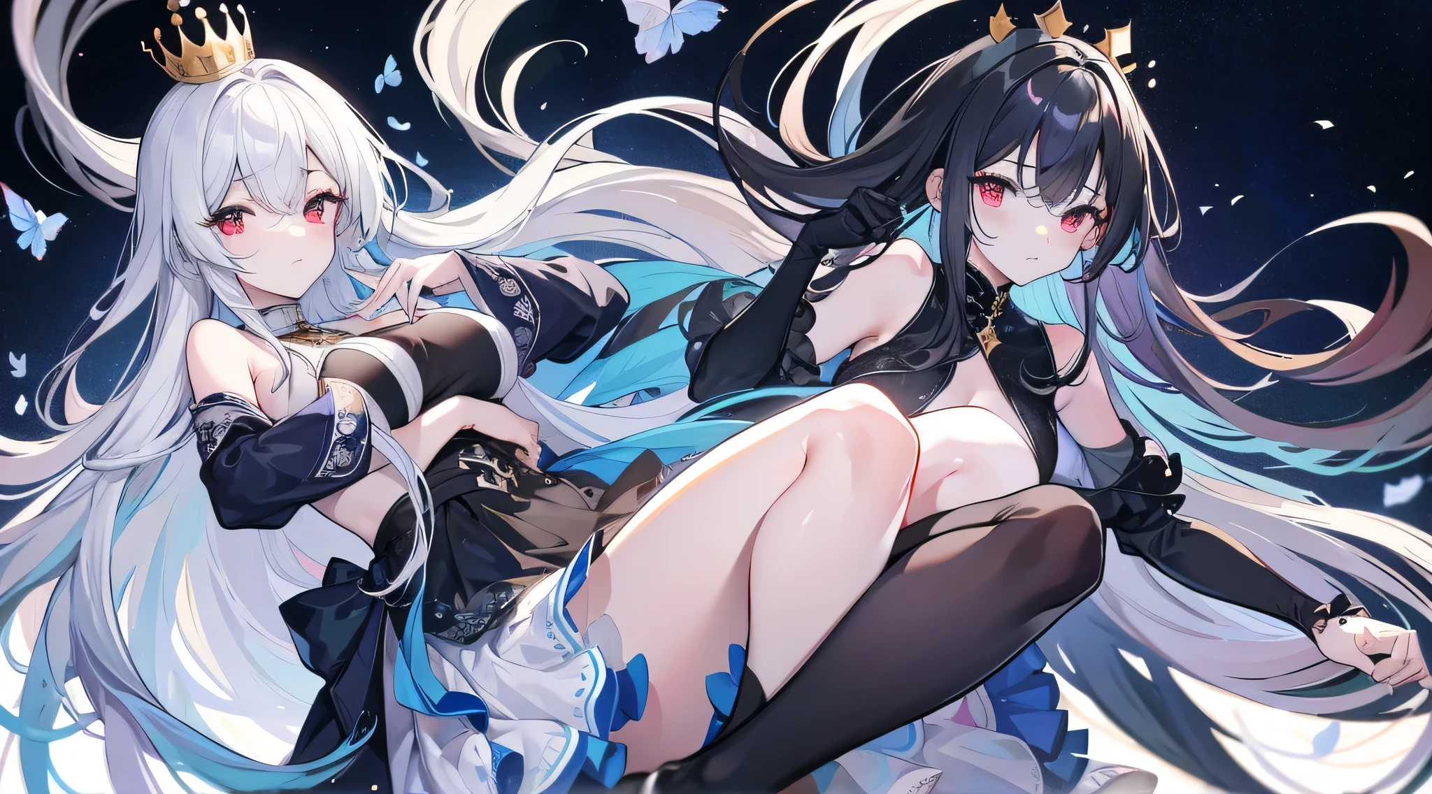 Dark Elf, 2girls, pointy ears, thighhighs, long hair, kneeling, black hair, looking at viewer, white hair, fantasy,25 years old