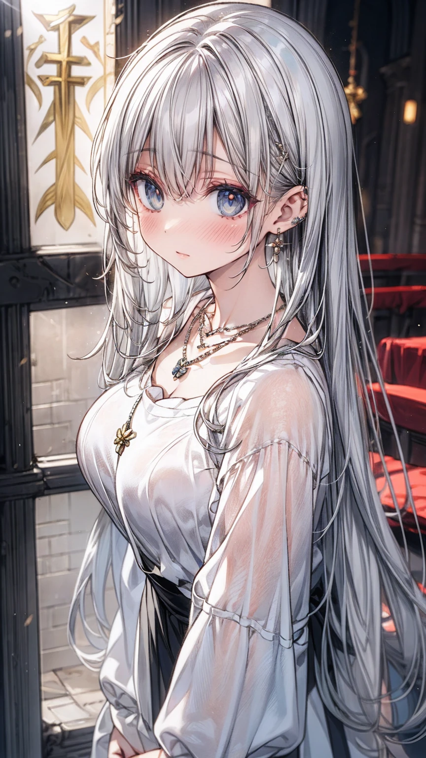 Masterpiece,Highest quality,8k,Ultra-high resolution,appropriate margins,Perfect hands,Perfect Fingers,Perfect human body,Perfect Eyes,((Cowboy Shot)),BREAK,Bright expression,(1 person),(The most beautiful woman),Slim body,((The most extraordinary breasts)),Cleavage,Moisturized Skin,Fair skin,BREAK,((White Hair)),Long Hair,Curl ends,BREAK,Arrange your bangs to the side,The length of the bangs is such that they reach the eyebrows,Thin eyebrows,BREAK,Black eyes,BREAK,(White blouse),(belt),(Red long skirt),BREAK,Make eye contact with your audience,A very dazzling smile