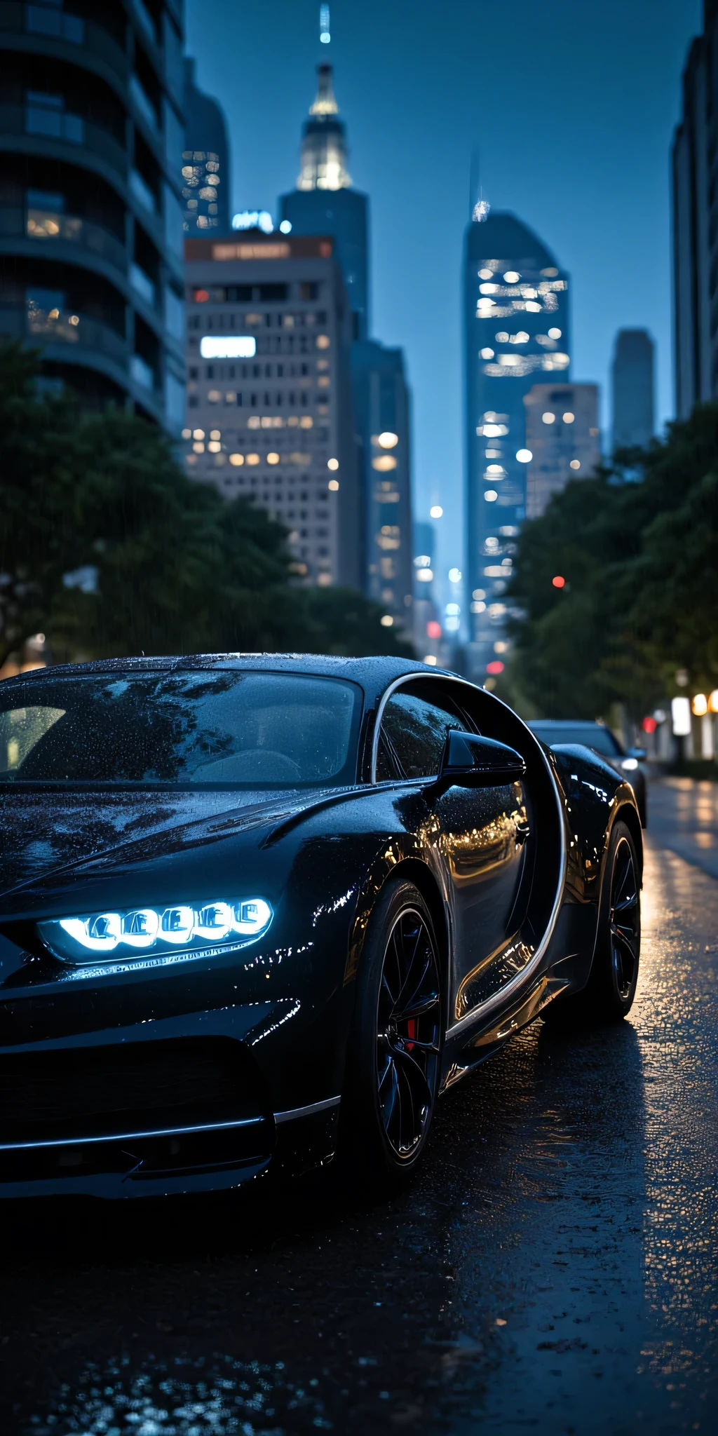 Hyperrealistic image of a black Bugatti Chiron car, parked on a quiet avenue, against a background of a beautiful modern city, at night and in the rain. Cinematic lighting, 8K, UHD.