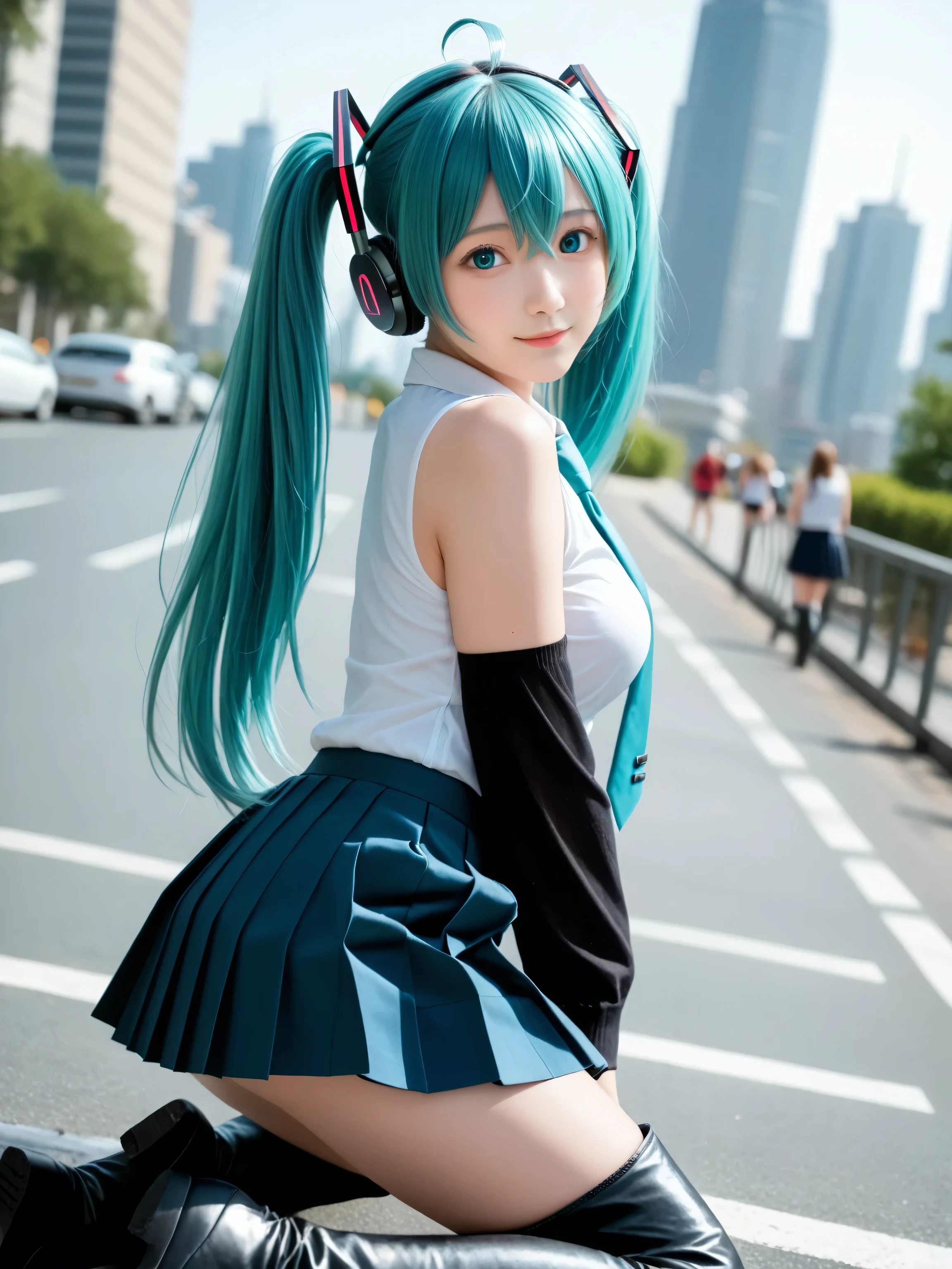 score_9, score_8_up, score_7_up, source_photo, realistic, photo, (((masterpiece, best quality))), ((((best quality, realistic, photo-realistic)))), ((((photorealistic)))), (((((19 years old))))), 1girl, mikuhatsune, miku hatsune, ahoge, ((((aqua eyes)))), ((((aqua hair)))), (((crossed bangs))), ((hair between eyes)), (((hair ornament))), headphones, long hair, ((((twintails)))), ((((mature female)))), ((((aqua necktie)))), black footwear, ((((black skirt)))), ((((black sleeves)))), boots, collared shirt, detached sleeves, grey shirt, necktie, ((((pleated skirt)))), shirt, skirt, ((((sleeveless)))), ((((sleeveless shirt)))), ((((thigh boots)))), tie clip, ((((depth of field)))), blurry background, Detailed face, ((((medium breasts)))), big breasts, ((solo)), busty, ((1girl)), beautiful breasts, beautiful ass, shiny skin, ((((sharp focus)))), perfect hands, ((((outdoors)))), excited, happy, dutch angle, cowboy shot, cute face, ((pretty sister))), ((pretty)), ((ultra-detailed)), ((an extremely delicate and beautiful)), Beautiful eyes, (((big eyes:1.5))), (((sensual vibe))), ((((feeling pleasure)))), ((((ideal body)))), ((((energetic)))), ((perfect fingers)), (((realistic:1.4))), ((((cityscape)))), ((((public)))), (((((sexy pose))))), (((((seductive pose))))), ((((kneeling)))), (((white panties))), ((((from behind)))), ((((view from behind)))), ((((looking back at viewer)))), ((((looking back at viewer:1.5)))), (((((skirt lift))))), ((((lift skirt))))