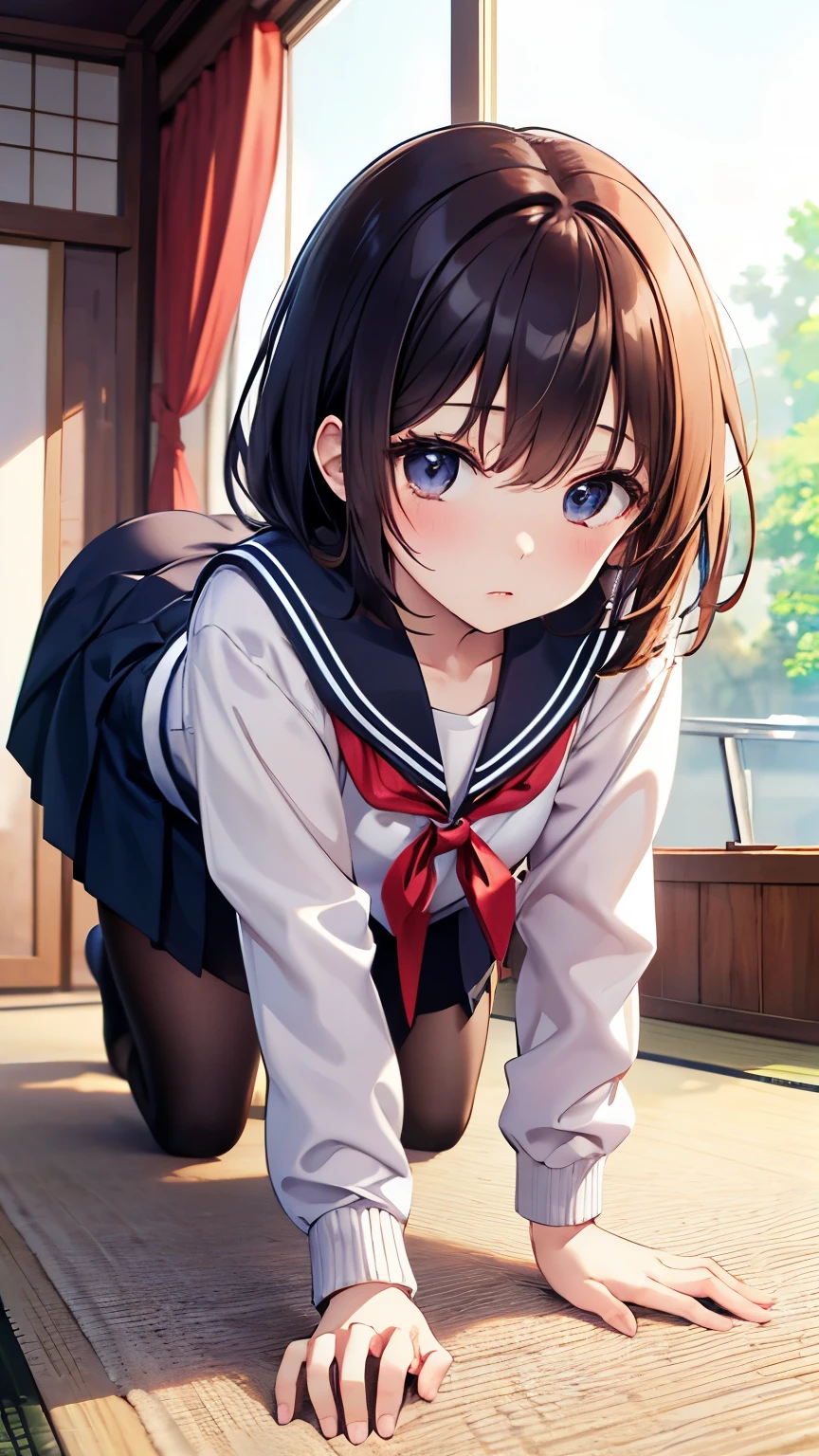 (One transcendent beautiful girl)、ultra-detailed、(8K, RAW photo, best quality, masterpiece:1.2), (extremely detailed 8K wallpaper),professional lighting,sharp focus, depth of field、(((Detailed and accurate face))),((head shot)),nfws,((Brown-haired sidetail))、((Highest quality)), ((masterpiece)), (((Schoolgirl uniform、White tights))),((Perfect Face、Beautiful Eyes)),((((slouch、Pull the hem down with both hands))))、((Blushing)),(((Embarrassing)))、(((excited、Heavy breathing)))、(((Sweat on the thighs)))