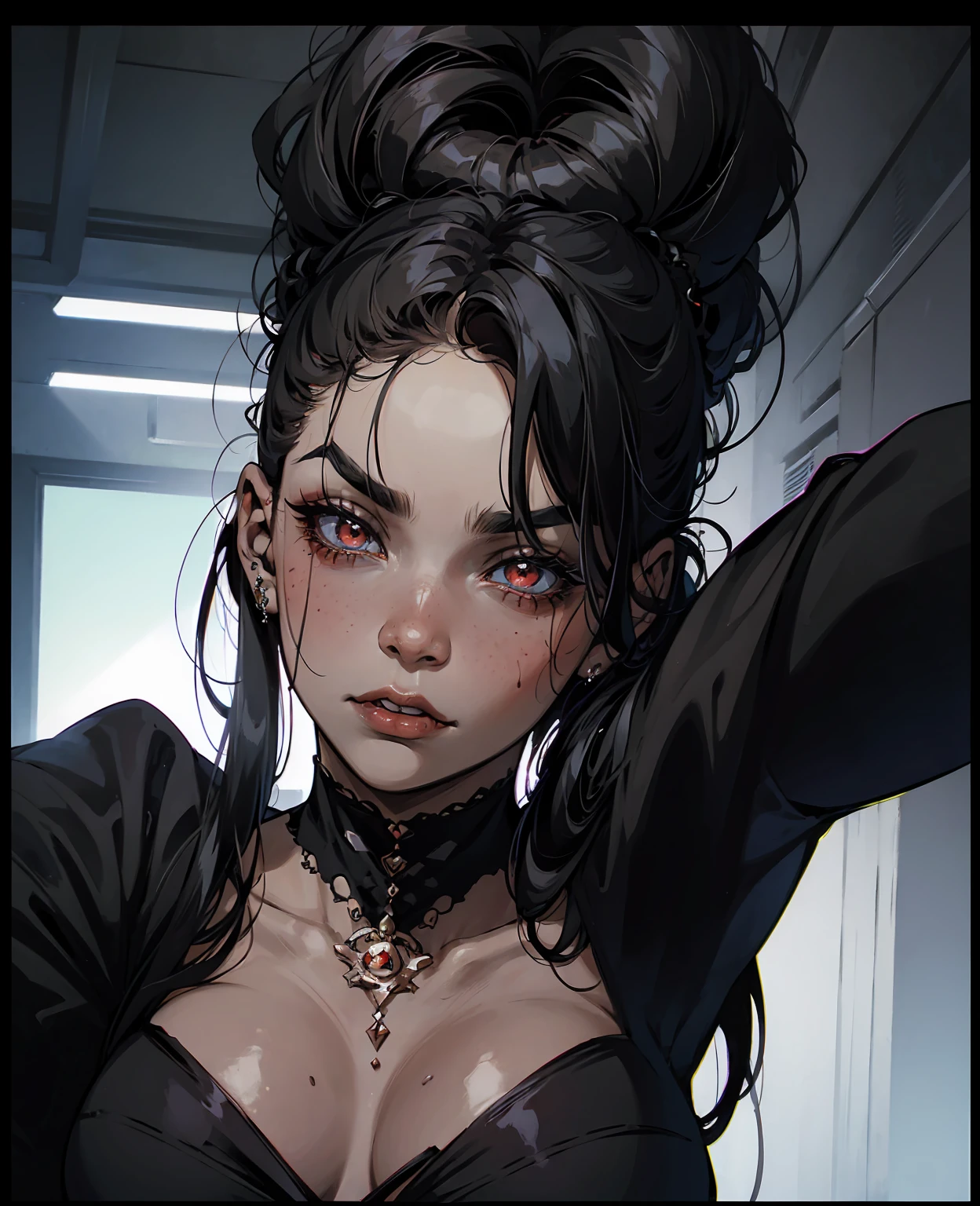 a woman with short black hair, hair on shoulders, wearing a black cropped and plaid skirt, blue eyes, gothic art, cute aesthetic with vibe, toon aesthetic, wearing red costume, wearing gothic accessories, look like Cassie Hack, upper body, castle background
