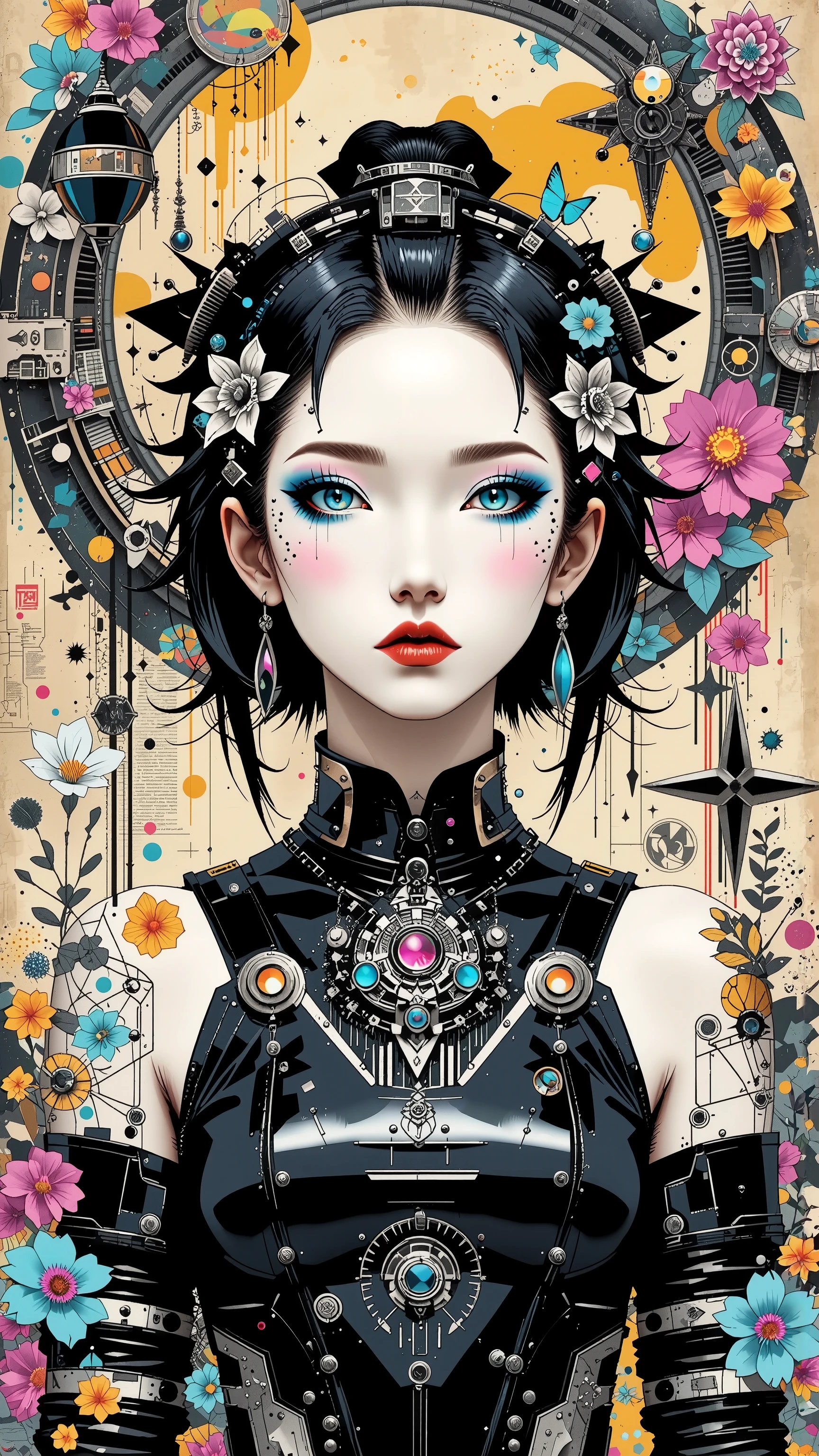 ((best quality)), ((masterpiece)), (detailed), perfect face of cyberpunk mecha japanese girl, neon rainbow eyes, metallic black body, rainbow hair, ((monochromatic neon rainbow color palette)), surreal, art nouveau, in the illustrative style of moebius, spaceships, aliens, fantasy, sci-fi, graphic novel, line drawing, french retro, bizarre, gallery worthy, work of uncanny art, illustrated by Guo Chao style, poster design, in the style of psychedelic color schemes, hyper-detailed illustrations, 16k, a painting of a pagoda in the evening, in the style of graphic design-inspired illustrations, circular shapes detailed botanical illustrations, light cyan and orange can't believe how beautiful this is, mythological influences, chinapunk high quality, Super detailed, Super exquisite, 8k, Paper-cut art,architecture,masterpiece,high quality,Super detailed,Super exquisite,8k,