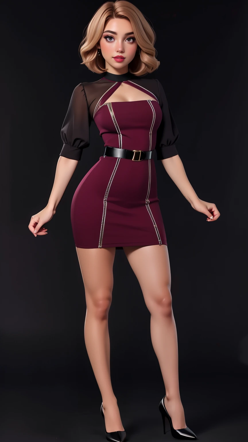  light hazelnut hair,  short weaving hair, dark eyes, full lips, wine color mini dress, dark background, high quality photography, (full body portrait), full body.