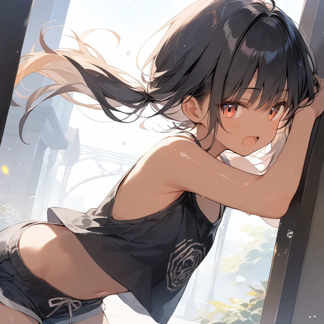 score_9, score_8_up, score_7_up, source_anime, best quality, masterpiece, official art, absurdres, highres, ultra-detailed,waifu2x,Collection: Slice of Life,break,1girl, tomboy, dark-skinned female, short hair, low ponytail, flat chest, beautiful detailed eyes, short shorts, sweat, open mouth, (yawn:0.3), sleepily, outdoors, wind,break,(clear line illustration:1.2), super detailed skin,very high resolution, very aesthetic, Best sexual lighting powered by famous artist, 8k,cute picture,beauty illustration,photoshop_(medium),,(Detailed Lighting),best anime 8k konachan wallpaper, pixiv contest winner,