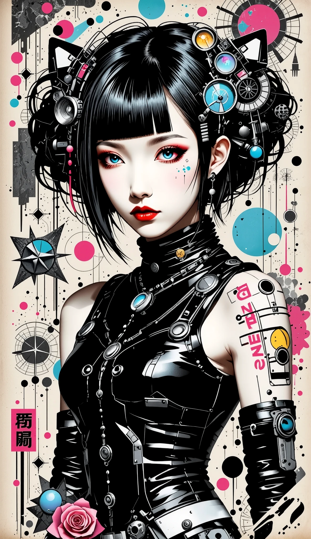 ((best quality)), ((masterpiece)), (detailed), perfect face of cyberpunk mecha japanese girl, shiny black eyes, shiny black body, shiny black hair, ((monochromatic black color palette)), surreal, art nouveau, in the illustrative style of moebius, spaceships, aliens, fantasy, sci-fi, graphic novel, line drawing, french retro, bizarre, gallery worthy, work of uncanny art, goth_punk, Harajuku, bokeh dof, Neon light, Iridescent eyes, Black shimmering hair, Black eyebrows, Radiant hair, blunt bangs, Red Eyes, Mouth mask, hair adornments, Look at viewers, shorth hair, portraitures, side locks


