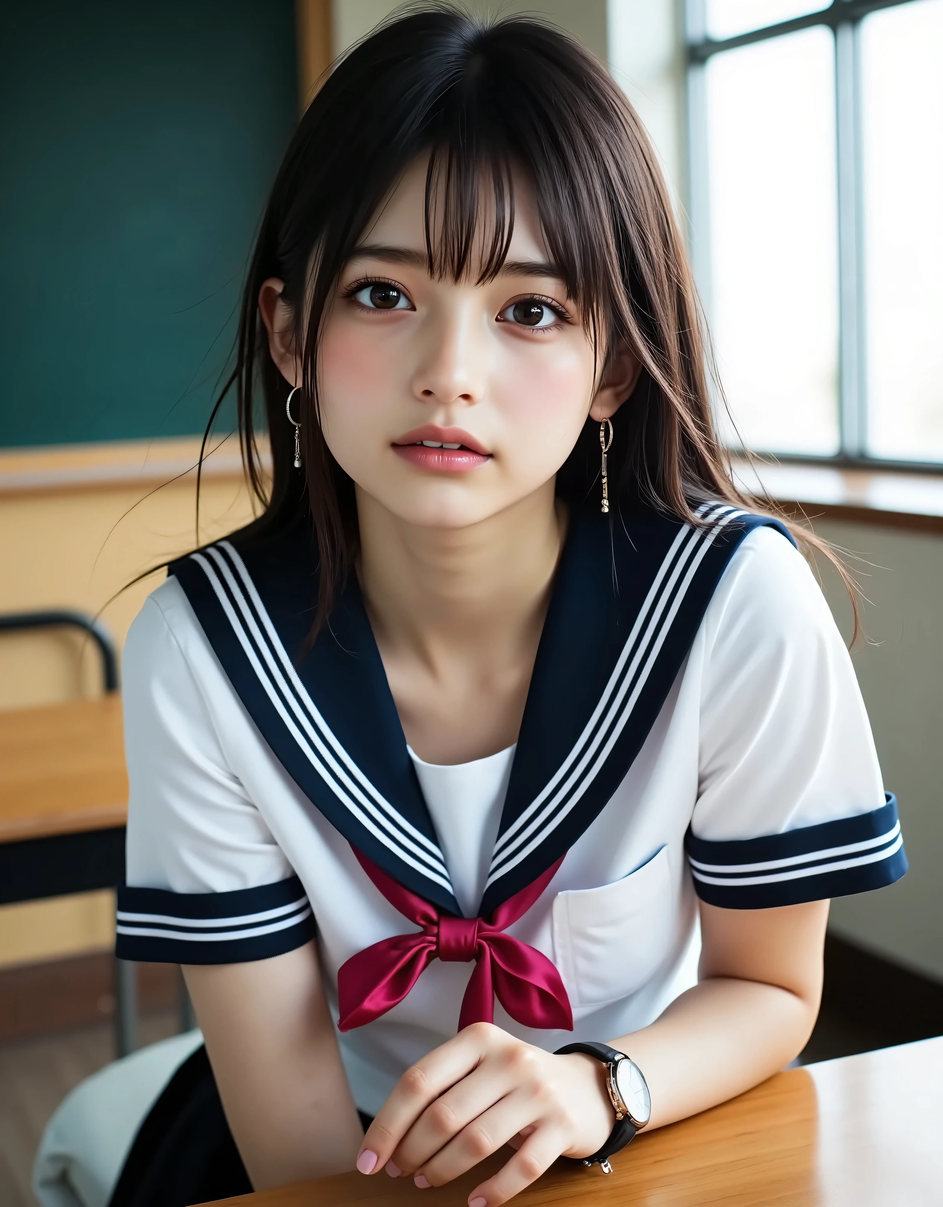 (Canon), (EOS R5), (50mm), ((( photo realistic :1.5))), (No lens flare :1.5), ((超 high resolution)), (masterpiece), accurate,( realistic な質感の肌), more details, high detail, High Quality , Award-winning work , 最 High Quality , 32K, written depth, digital camera, Award-winning glamour photo , professional lighting, (SFW), ((最 High Quality :1.5)), ((masterpiece:1.5)), (( realistic )), high resolution, realistic な影, Roughness, Real Life,( a very beautiful and cute single Japanese woman), ( The cuteness of Japan's top idol ), ((Upper body shot seen obliquely from the front :1.5)), (( upper body shot from head to knee :1.5)), (( cute 18-year-old Japanese high school girl )), (( high school classroom , desk, chair, blackboard, and window visible )), (((Sitting on a chair wearing a short-sleeved navy blue summer suit with dark blue collar and 3 white lines and a dark blue flare skirt:1.8))), ((Short-sleeved navy blue sailor suit with dark blue collar and breastplate :1.8)), (( no front buttons on a sailor suit :1.8)), (( The chest of the sailor suit is dark blue and has 3 white lines :1.5)), (( dark blue flare skirt :1.5)), ((red scarf for sailor suit:1.8)), ((Navy blue scarf closure :1.5)), (( no accessories:1.5)), (( No Earrings :1.5)), ((Without necklace:1.5)), ((Women's watch on her left arm )), (( a very cute high school girl who feels young )), Attractive cuteness , seductive pose , Height: 160cm, slim figure, Beautifully shaped bust, D Cup, ((Very cute smile :1.5)), (alone:1.5), (There is only one person in the classroom), ( brown eyes:1.9), ( Detailed depiction of extremely realistic skin ), (Highly detailed, realistic eyes:1.9), (Very beautiful, Long, realistic eyelashes), (Highly detailed, realistic eyebrows), (丸い brown eyes :1.8), ( beautiful catchlight on the eyes), (Realistic lips with moisture ), ( white realistic teeth arranged neatly), ( Beautiful and Detailed Face :1.6), ( hourglass figure :1.6), (Wasp waist :1.5), ( Perfectly round and beautifully shaped bust :1.8), ( clearly contoured cheekbones :1.5), ( perfectly styled body :1.8), (Healthy body :1.8), (Narrow shoulders:1.9), ( staring at viewers), ( seductive gaze ), (Beautiful, natural-looking hands), ( beautiful pink nails with a beautiful length ), ( show your hands as little as possible ), ( very cute smile:1.1), ( her stomach and navel may be slightly visible:1.4), ( dark hair medium hair :1.3), ( beautiful black hair), (With bangs), Natural atmosphere, Very cute type, Beautiful Thighs, (( evening classroom )), (( with a pencil case and notebook on her desk :1.4)), (( show your hands as little as possible )), ((I can't show my feet)), blur background, Illuminate the face, Dynamic Poses , beautiful body line , Beautiful, realistic skin , Art Photography, beautiful soft lighting , Accurate , Accurate , Accurate,5 fingers on one hand ,((No watermark, No signature))