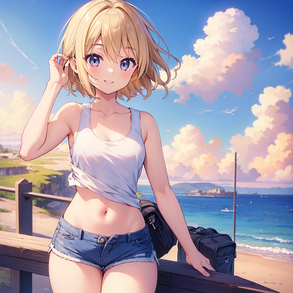 (anime artwork, anime style, studio anime, very detailed, up to date, vibrant, Anime Coloring, high contrast, masterpiece:1.2, best quality, best aesthetics),1 girl,hug from behind,bikini, Medium chest,random hair, One eye is hidden by the bangs, perfect proportions, high detail skin, Cute, detailed faces,beach, precise fingers,curvy,adjusting bikini, from behind, looking back,full body, 