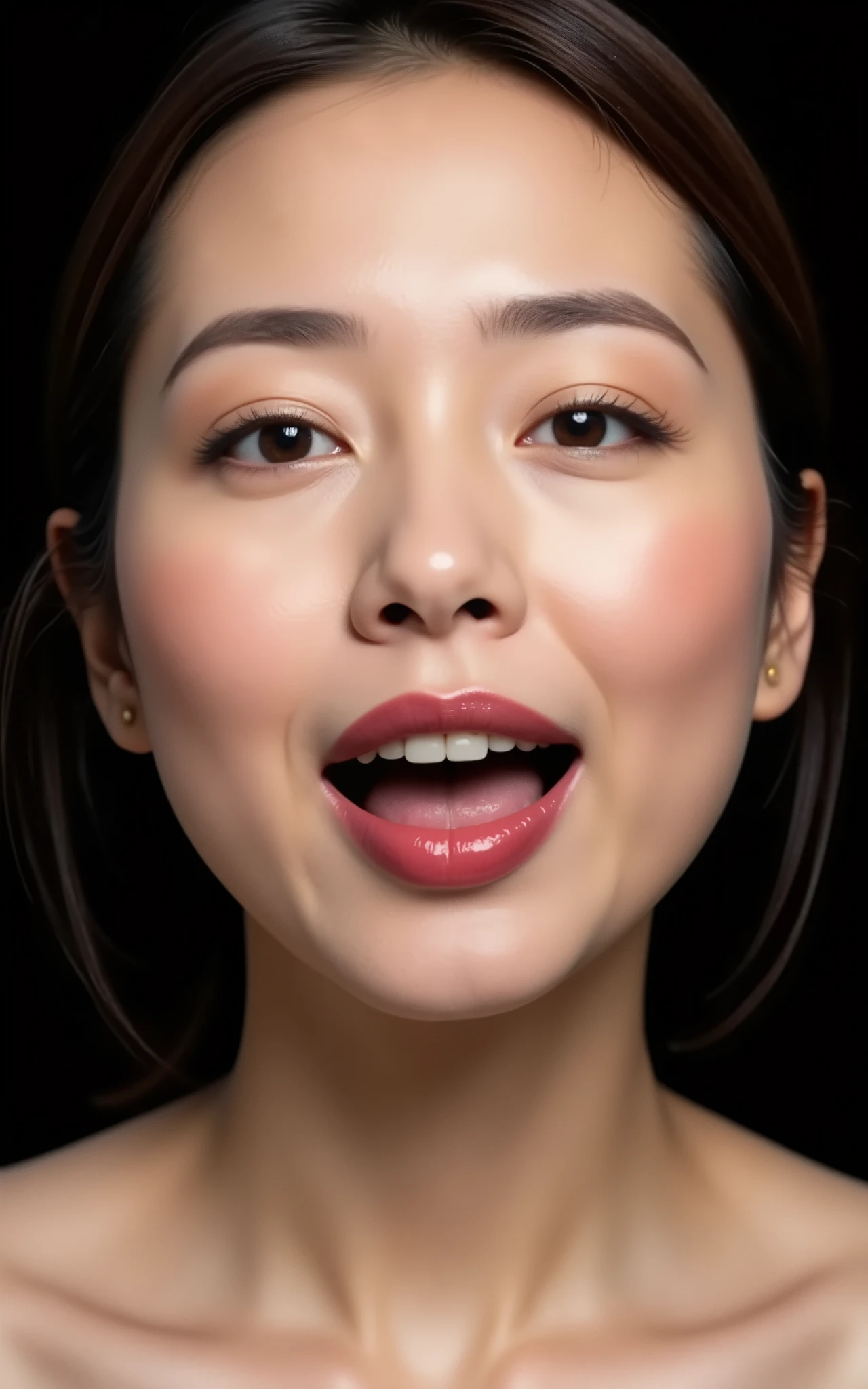 (Highest quality, Tabletop, 8k, Best image quality, Award-winning works), great beauty, (nude:1.5), (The simplest pure black background:1.5), (Face close-up:1.6), Accentuate your body lines, Beautiful and exquisite, seductive Expression, open mouth:0.4, (look straight at me), (stand upright facing forward:1.1), (Perfect Makeup:1.1), (Bright lipstick:1.1), Ultra-high definition beauty face, Ultra HD Hair, Ultra HD Shining Eyes, Ultra-high quality, vibrant and glossy lip color, Accurate anatomy, Very beautiful skin, Ultra high resolution and beautiful, Glowing Skin, An elegant upright posture when viewed from the front, Sweaty skin, Hot face, Damp Hair, Moist Skin