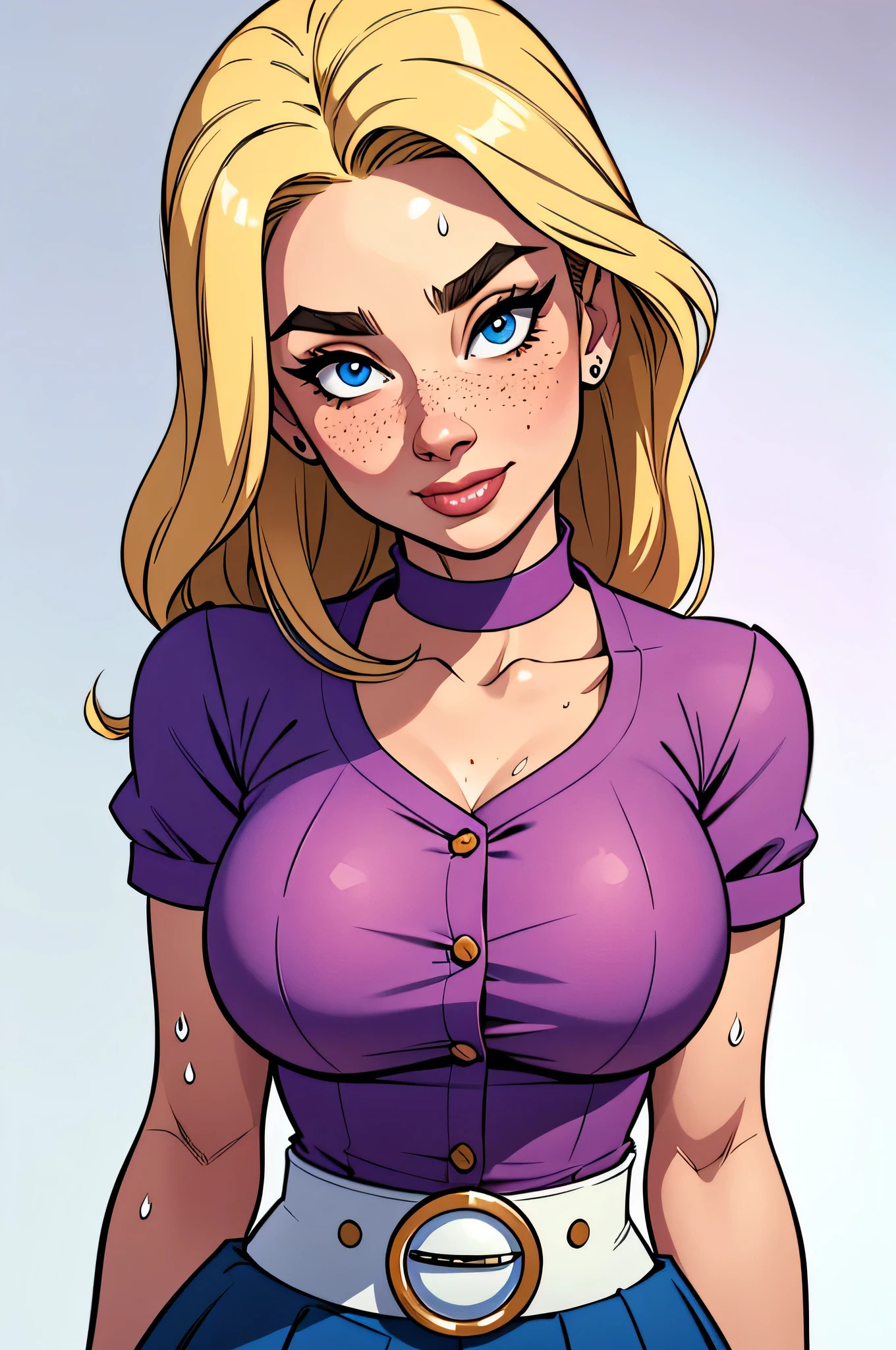 ( absurd, HD , ultra detailed, be careful with your hand ) Close up of a thin and athletic woman, 25 years, 8k (( high definition )), beautiful smile, seductive look, blue eyes, nose fine, PINK DRESS SHIRT (( V-neck, with buttons, short sleeves )), discreet skirt with belt, thin waist, mid hip, arms positioned on the sides of the body, white skin , blonde hair (( long and straight )), standing (( upper body )), collar with freckles on the neck and breasts, (( big round breasts , sweaty )). Marvel style (( HQ )), white background.