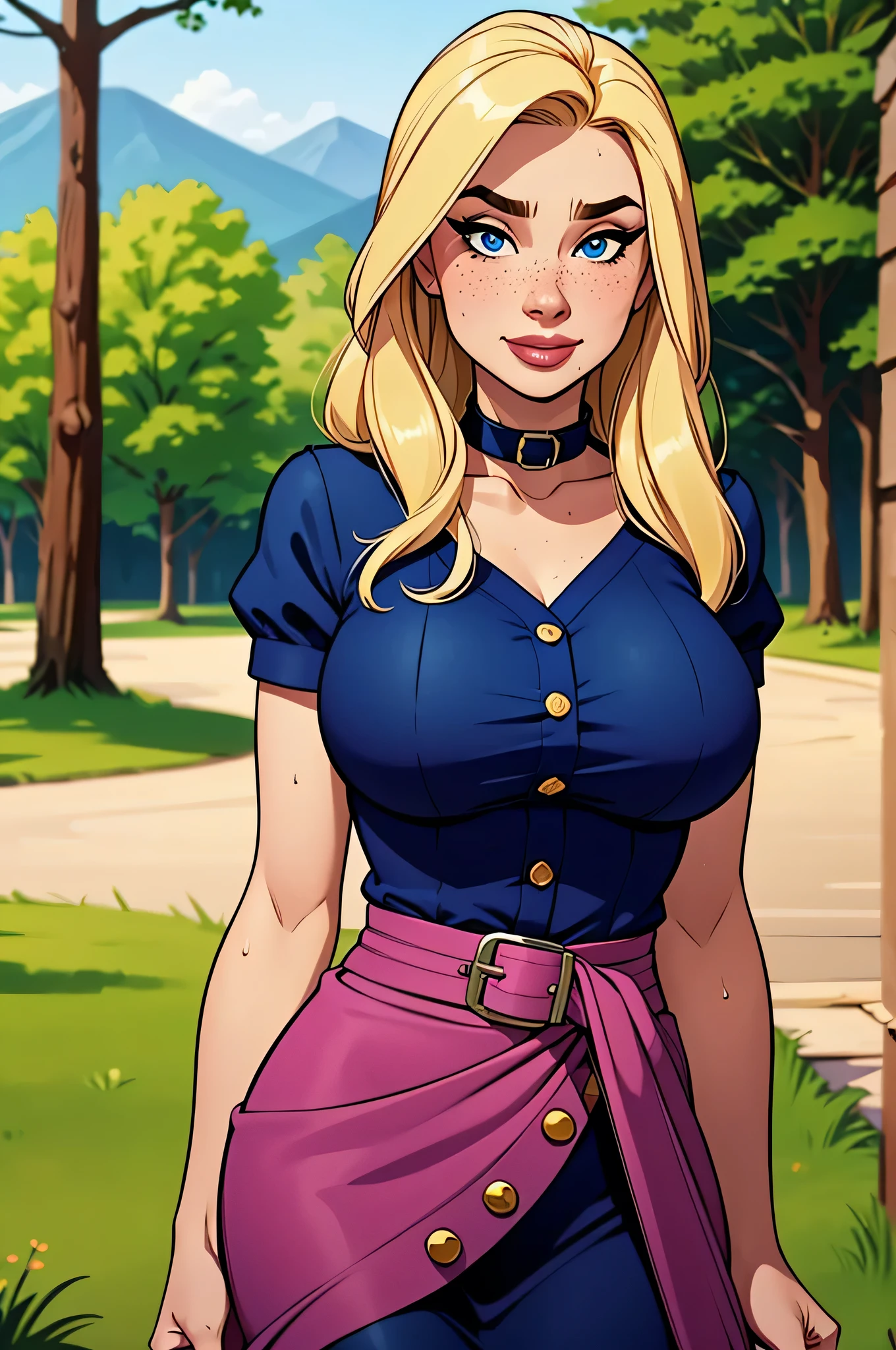 ( absurd, HD , ultra detailed, be careful with your hand ) Close up of a thin and athletic woman, 25 years, 8k (( high definition )), beautiful smile, seductive look, blue eyes, nose fine, PINK DRESS SHIRT (( V-neck, with buttons, short sleeves )), discreet skirt with belt, thin waist, mid hip, arms positioned on the sides of the body, white skin , blonde hair (( long and straight )), Walking around the environment (( upper body )), collar with freckles on the neck and breasts, (( big round breasts , sweaty )). Marvel style (( HQ )), forest in the background .