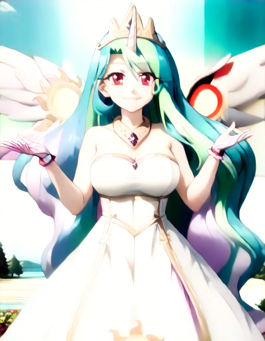 gran calidad ++ Extremely detailed high resolusionolution, very aesthetic, ojos expresivos, (((Cara perfecta))), (((face symmetrical))), ((good anatomy)), (((manos perfectas))), (((8k))), UHD, Fondo de pantalla HD, (((alta calidra detallada, (((((1girl)))))), solamente, Obra maestra, La mejor calidad, high resolusion, Altamente detallado, (illustration), hermosos ojos detallados, (((combatant))), (((1girl))), ((((cuerpo completo)))), (((((((illyasviel von einzbern)))))), (((((princess_celestia)))), ((((forma humana)))), (((((smile))))), ((princesa celestia humanizada)), Celestia, Celestia de My Little Poni, celestia en forma de milf, Cabello largo y ondulado, (((red eyes))), (((strapless tube dress))), (((purple heart promise))), (((white dress))), (((milfication))), (((mature female))), (((gigantic breasts))), (((orejas blancas de pony))), (((Dedos detallados))), (((white wings on the back))), (((cuerno de unicornio))), Dedos precisos, Manos no antinaturales, strange eye, columnas griegas, exterior, hermoso bosque majestuoso, hojas de parra rodeando las columnas, arbustos de flores por todas partes, cielo despejado, bright sunny day, water lilies, bosque celestial,