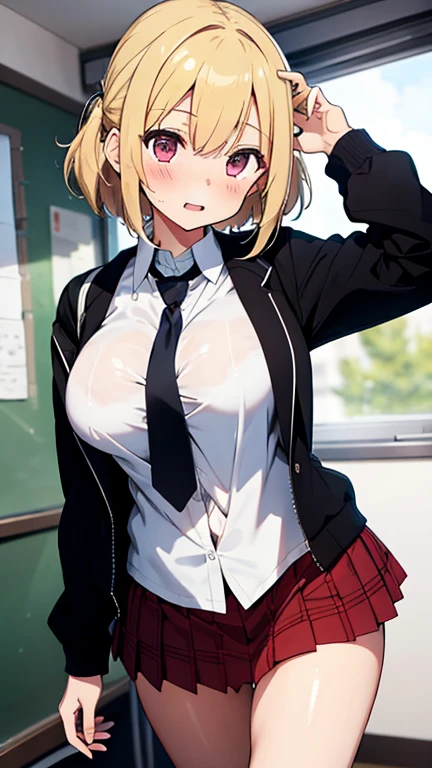 naughty smile:1.6),
Break,From side, standing, solo, Upper body
,BREAK,gal,1Girl, jitome, blue eyes, hair over one eye, large breasts
BREAK, chocolate brown skin, dark skin, tan
 BREAK, blonde hair, bob cut
BREAK ,School Uniforms,sleeves past wrists,  check skirt , black cardigan is fit body,inner wear is white collared-shirt, unbuttoned, BREAK, uniform red ribbon,