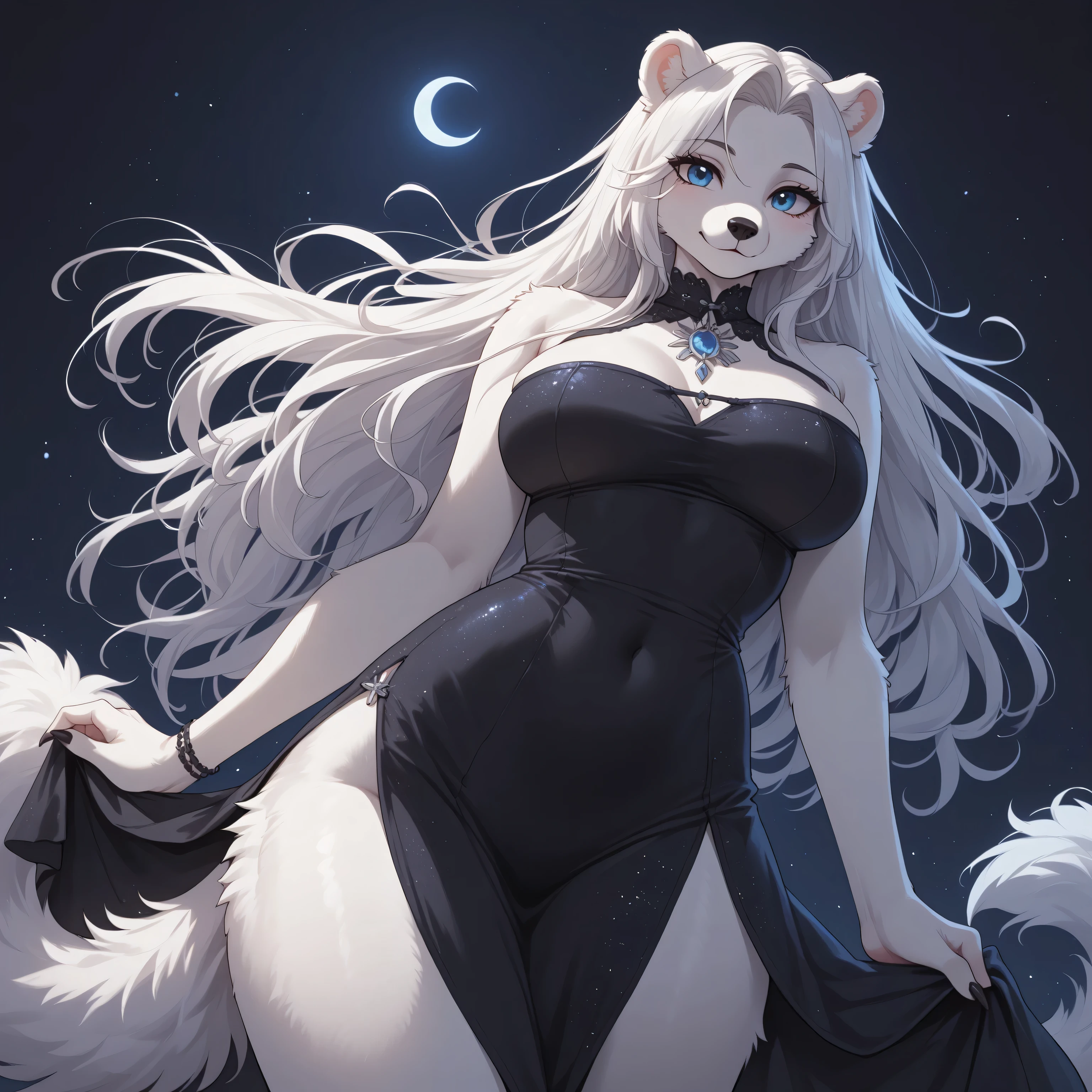 (Masterpiece) (High Detail) (High Res) A short small Polar Bear Anthro Female with White fluffy fur over her body and long white hair and bright blue eyes and a fluffy short bear tail and a curvy body and average breasts. She is wearing a long black sequin dress and is stood on a dark void background. Night time. Dim lighting. Anthro. White fur. Fluffy.