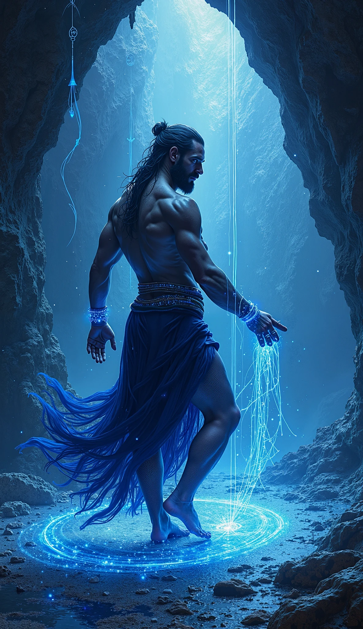 photorealistic image, A beautiful elf ((stands inside a glass pillar)), In clouds of blue smoke, A white glow emanates from his body, [Futurism: Fantasy :0.5], In the depths of ancient ruins, bright light, Film frame, cinematic quality, Dramatic surroundings, 8K UHD, Fujifilm XT3