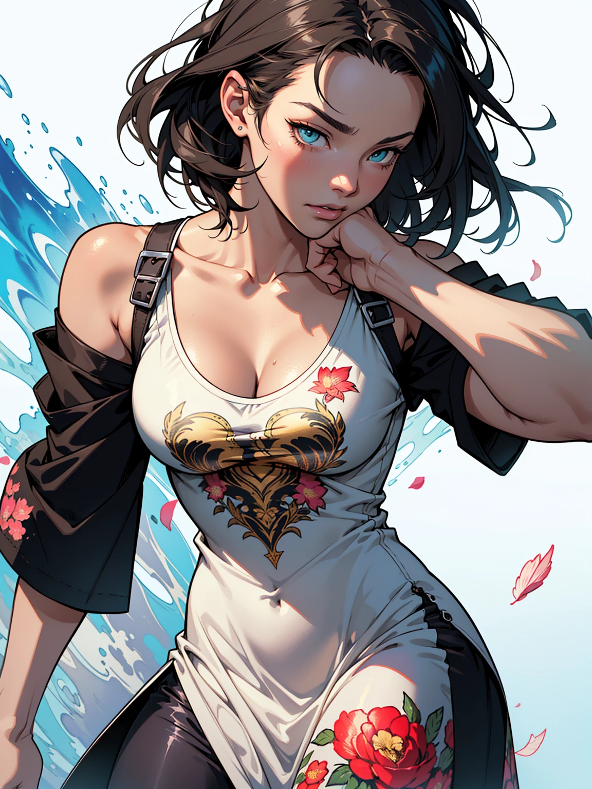 Komi Shuuko,Slim,Fleshy thighs,Masterpiece,Brilliant sunshine,Ocean park,Comic cover style,Comic title,tmasterpiece, High- sharpness, high high quality, 详细的脸, detailed body render, Dark lips,white dresses