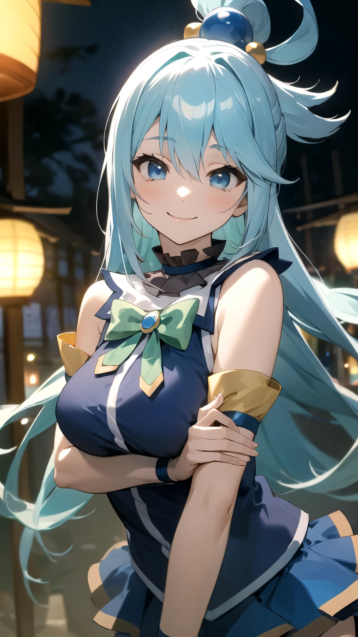  One Girl、smile、 upper body closeup、aaaqua、 long hair、 Lantern、 hair ring、 hair ornament、 choker、 Exposed Shoulders、 green ribbon、 blue shirt、Sleeveless、 BLUE SKIRT、 knee socks