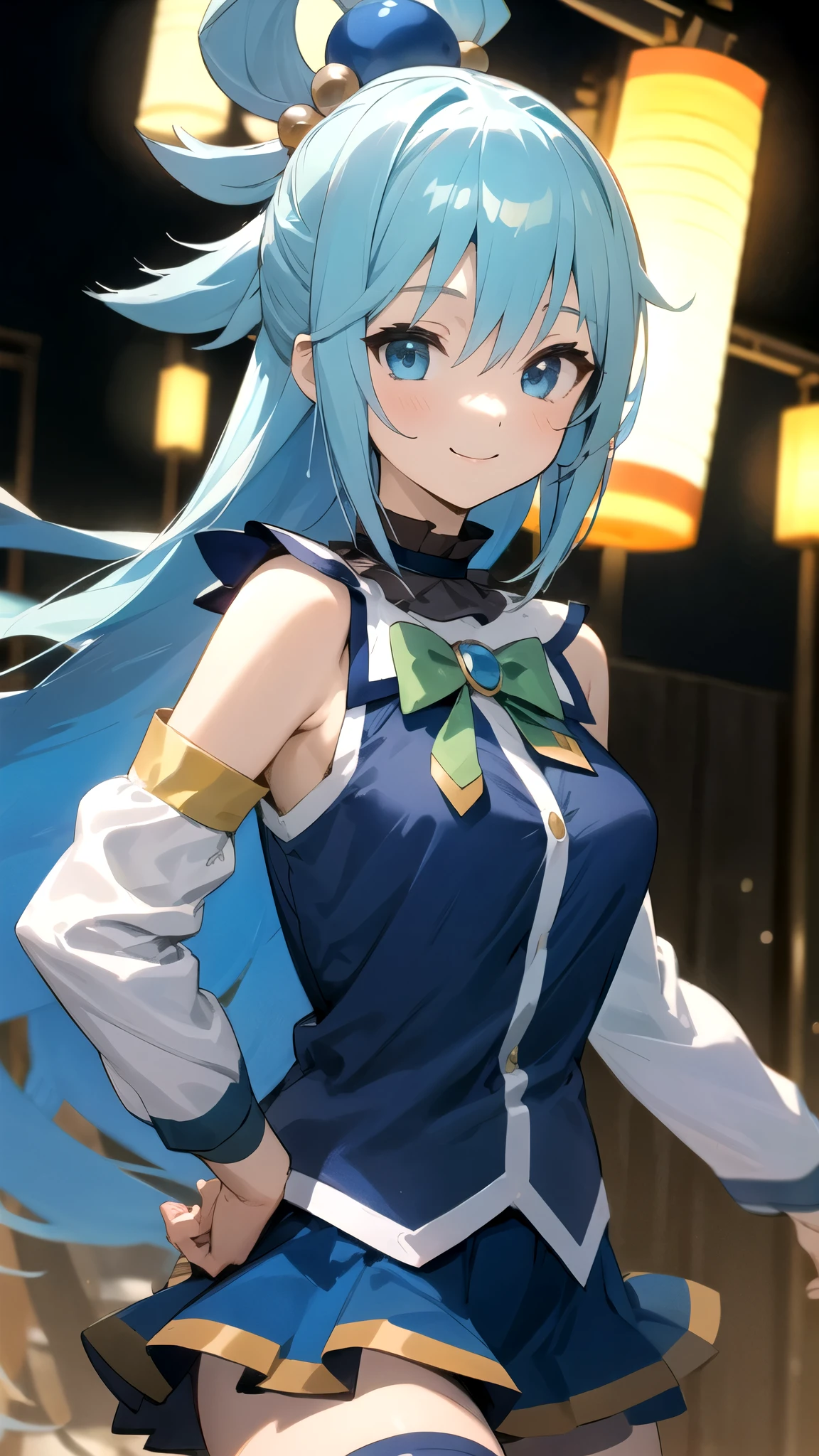 One Girl、smile、 Upper Body Closeup 、aaaqua、 long hair、 Lantern、 hair ring、 hair ornament、 choker、 Exposed Shoulders、 green ribbon、 blue shirt、Sleeveless、 BLUE SKIRT、 knee socks