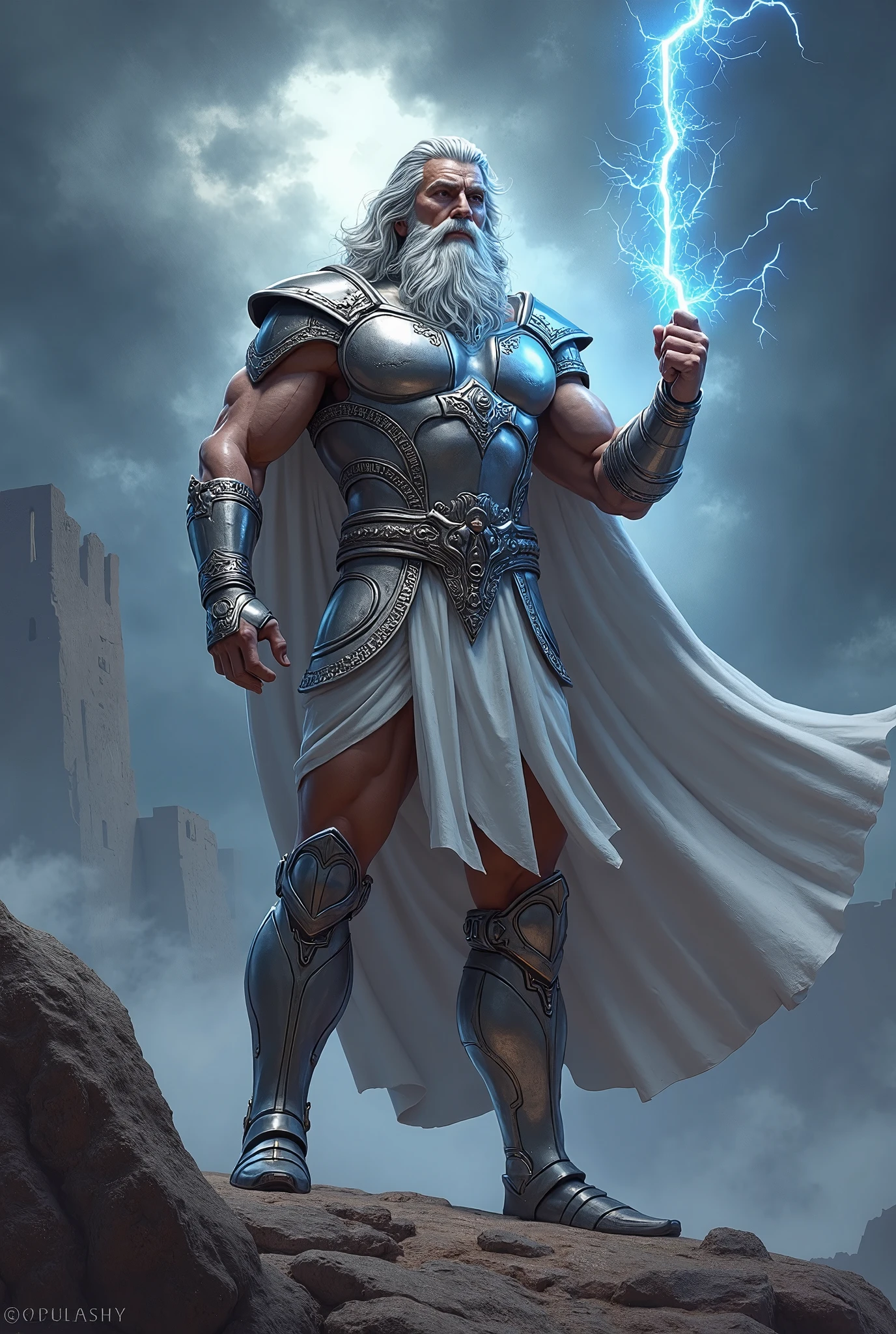 (best quality,4k,8k,highres,masterpiece:1.2),ultra-detailed,(realistic,photorealistic,photo-realistic:1.37),powerful thunder god,mythological figure,Indra(robed, muscular,strong arms),lightning bolts and thunderstorms,divine aura,celestial crown,fiery eyes, majestic beard,electric blue and gold colors,stormy sky,energetic and fierce stance,crackling energy,torrential rain,rippling muscles,divine weapons,clouds swirling around,illumination in the darkness,sparkling raindrops,eternal power and authority,striking presence,commanding the elements,vivid depiction,powerful strokes of paint,ethereal and awe-inspiring,regal and godlike,ancient and mythical,mythological art,artistically captured,divine beauty,archetypal deity,masterpiece creation.