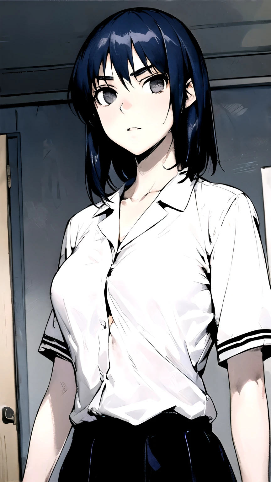 ((masterpiece,best quality)), {DATE_artstyle_LoRA : Manga_Style} {horror_edit} {horror_edit : creepy_room_aura} {partially_monochrome} { :(suoumikoto, blue hair, black eyes, medium hair,), perfectly_big_shape_breast : perfectly_fit_body } { , short sleeves, white collar shirt, school uniform, red skirt } {standing} { no_emotion : hypnotic_eyes : hypnotized_eyes : lazy_eyes} { sweating } { : dark otaku room : creepy : messy}
