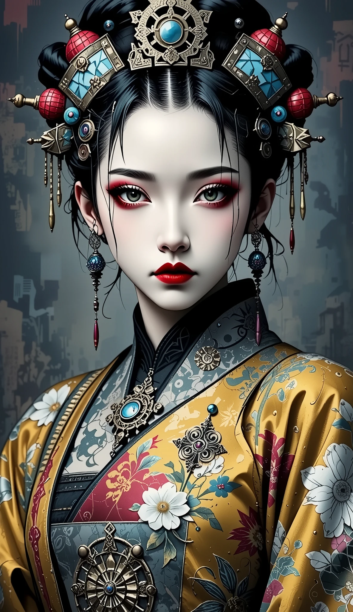 cute girl , Qing dynasty official uniform ,FEMININE GOTHIC AESTHETICS , Close up details, Detail shot, clear details, ARTY LOVE BLOW STYLE , Silkscreen Art, close-up pictures , EXTRA FINE INK DETAILS , SILKSCREEN PRINT , very detailed,vulgar ,Chinese horror art ,candle,yellow and red aesthetics,Hold a lantern in your hand