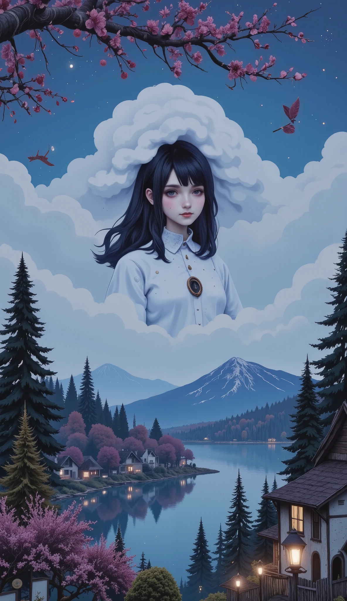  general plan ,  Full body , ( Pretty attractive young r ,  Strong Gothic makeup that emerges from a thick fog, a ghost in the street :1.5) A village on the shores of the lake,  a forest of white birches and an orchard of apple trees , A starry night, ((Matias_adolsson style!)), Gloomy and Nebula Atmosphere , Surrealism, The absurdity of tenderness ,  attraction and rejection of extraordinary appearance , naive magic art, primitivism, protogen, , (( envelopes,  masterpiece)), ((More details)),  print :1,1, 8K