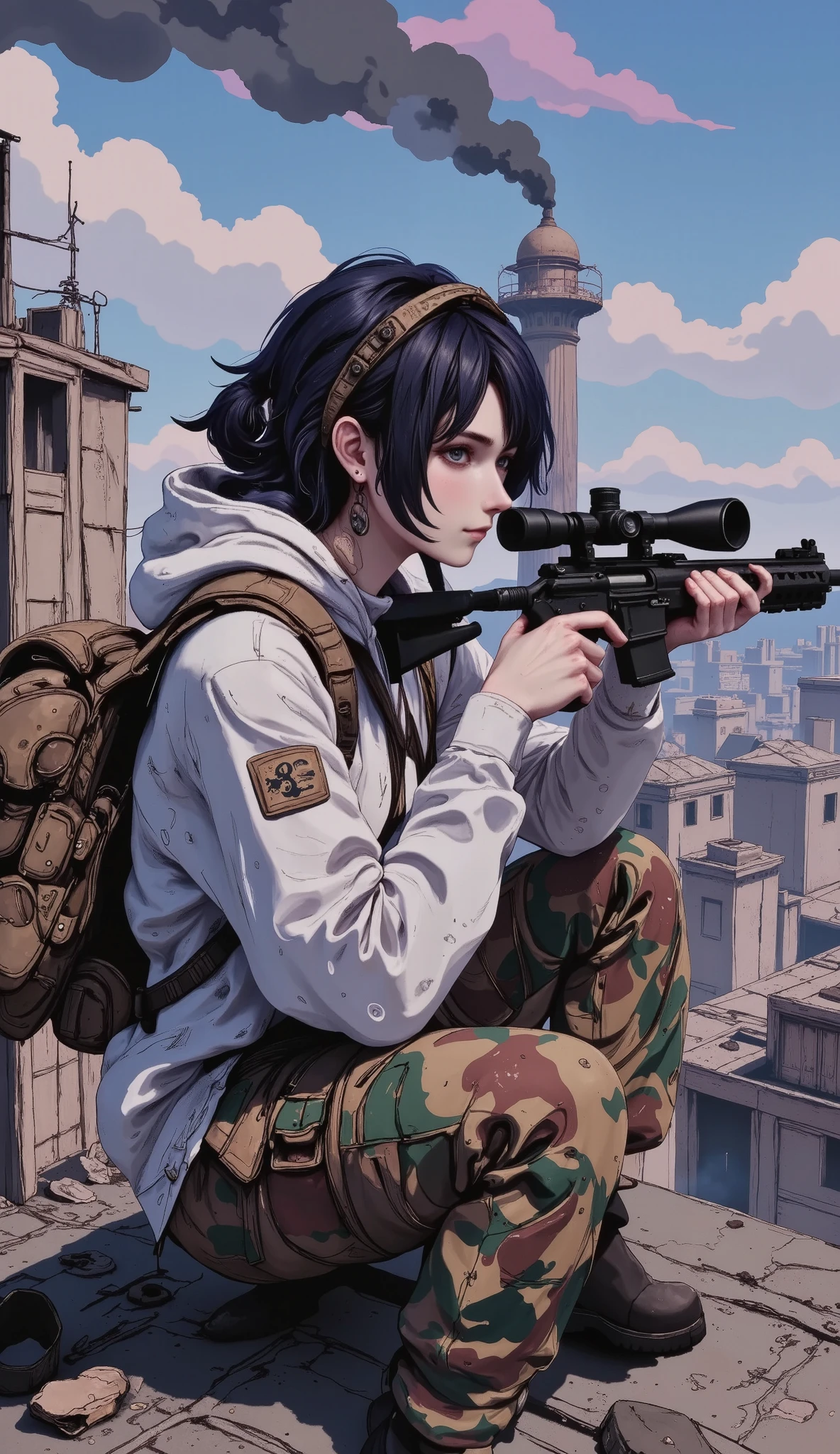 estilo anime en primera persona como video juegos:1.5, ((posted on a camouflaged rooftop about to shoot looking through the scope of the sniper rifle:1.4)), ((A male sniper:1.4)), in a war-torn urban environment, detailed face and eyes , realistic , photo realistic , photo realistic , hyper realistic , highly detailed , masterpiece, ultra realistic , 8K, HDR-10, dramatic lighting , dramatic atmosphere , cinematic dust , moody, sandy, military, tactical equipment , camouflage, rifle, Ruined buildings, rubble , Smoking, fog, dramatic sky storm clouds
