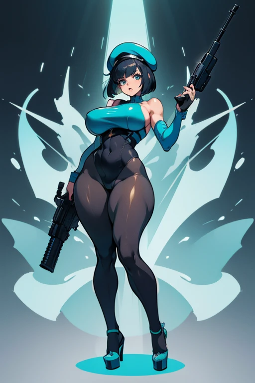 exited, smile, scream, Open mouth, young girl, Pullover, whole body to see, curly short hair, (( very wide hips)), (((colossal Thighs, gigantic thighs, very huge thighs, very big thighs))), fullbody, platform heels, black skin, very Big breast, gun, soldier girl , full body, military , white high cut leotard, cyberpunk, battle, tight stockings, back view, butt,