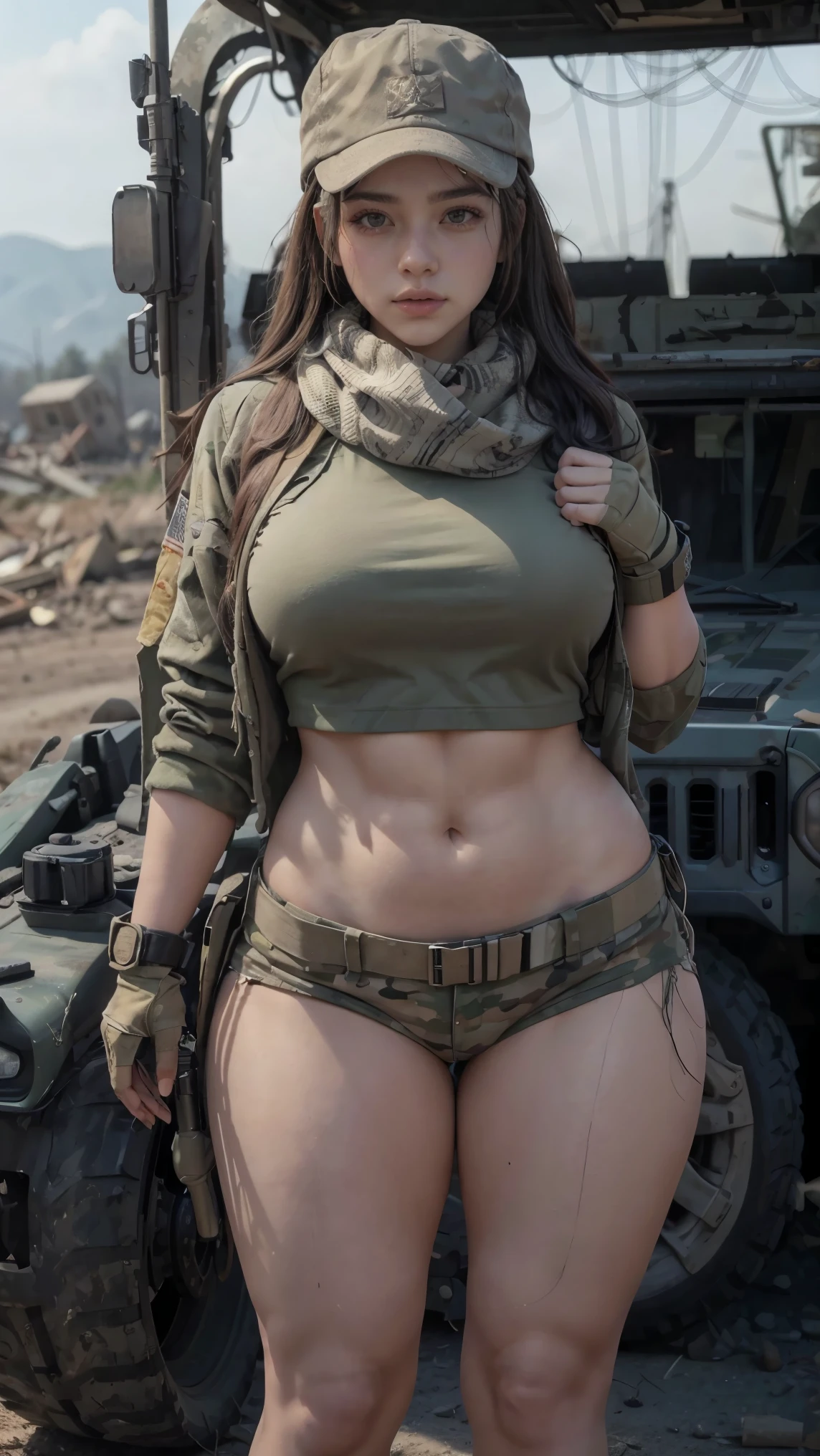 Women Military Scarf and Cap in a Military Jeep NSFW ,curvy body, thick high, Loong legs, wide hips, full body in ruins
