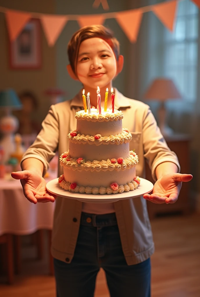 Generate a pic of birthday cake on table with chocolate cover. The name on cake should be HBD denzel. Boy cutting it just one hand of boy should came in pic that too with knife while cutting cake. The image should look like taken from topreal image.