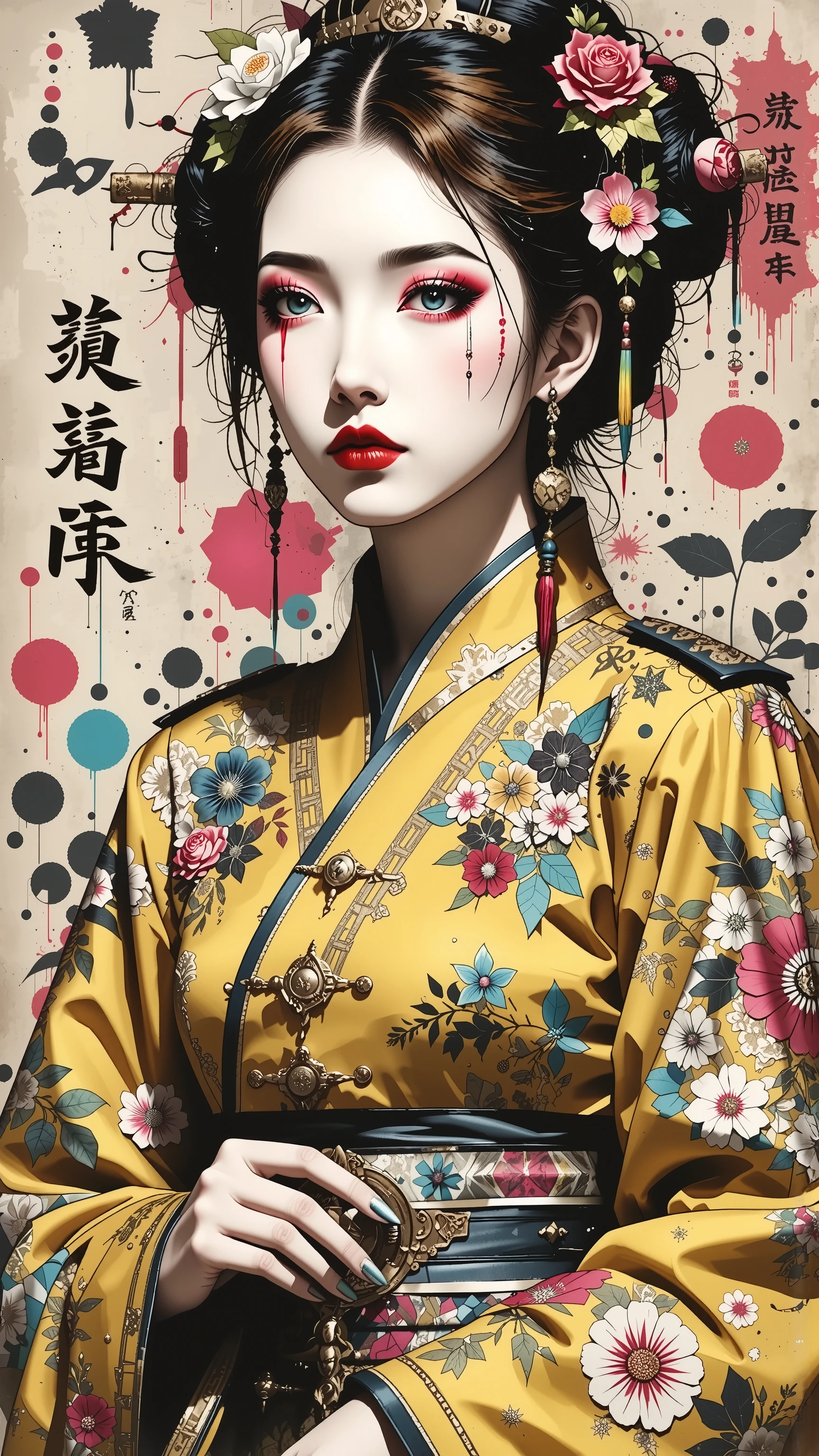  cute  girl ,  Qing dynasty official uniform ,FEMININE GOTHIC AESTHETICS  , Close up details, Detail shot,  clear details,  ARTY LOVE BLOW STYLE , Silkscreen Art,  close-up pictures , EXTRA FINE INK DETAILS ,  SILKSCREEN PRINT ,  very detailed,vulgar ,Chinese horror art, yellow and red aesthetics,