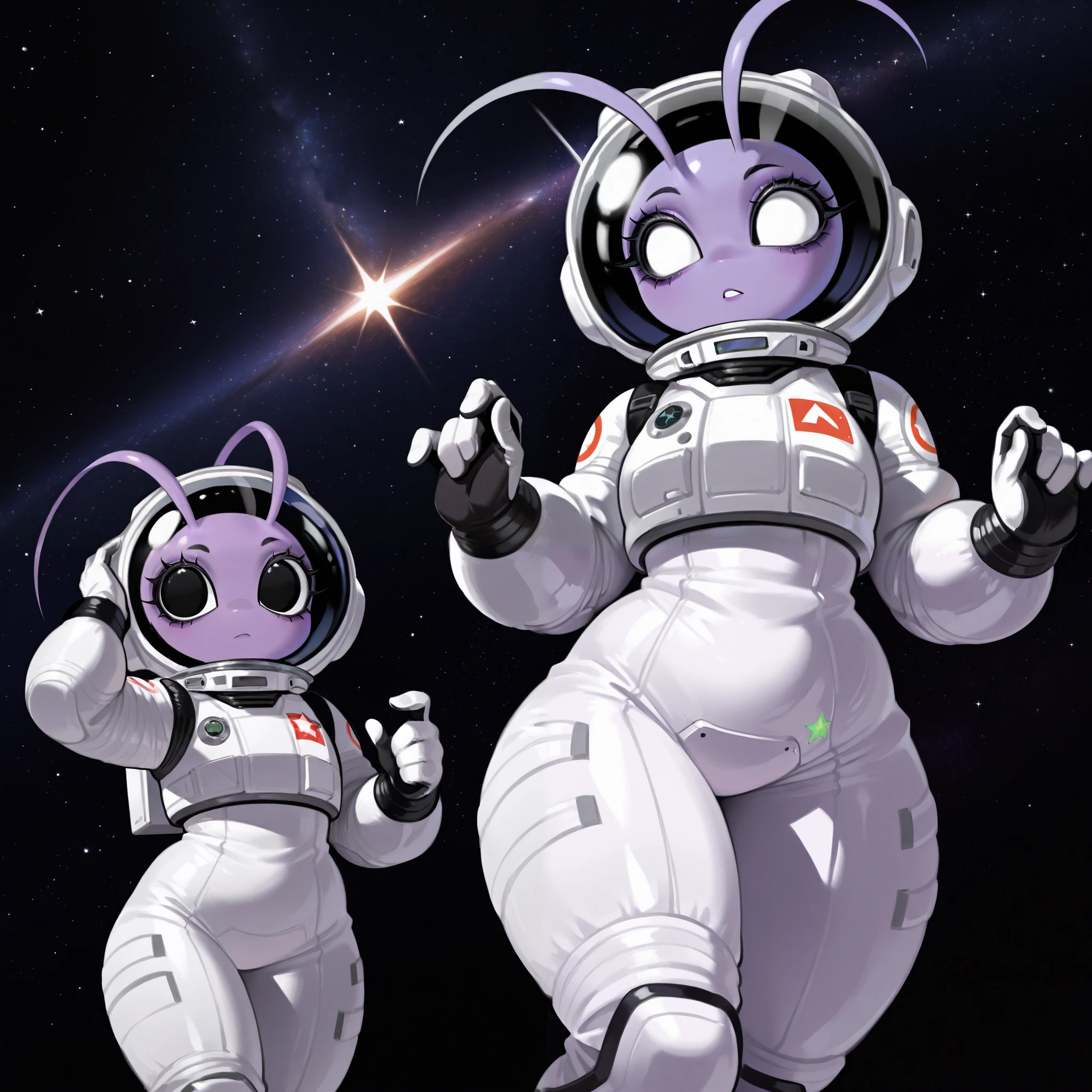 Alien, four eyes two white eyes two black eyes. Thick lashes. One Antenna, purple skin, curvy, spacesuit, space helmet, stars, cute.