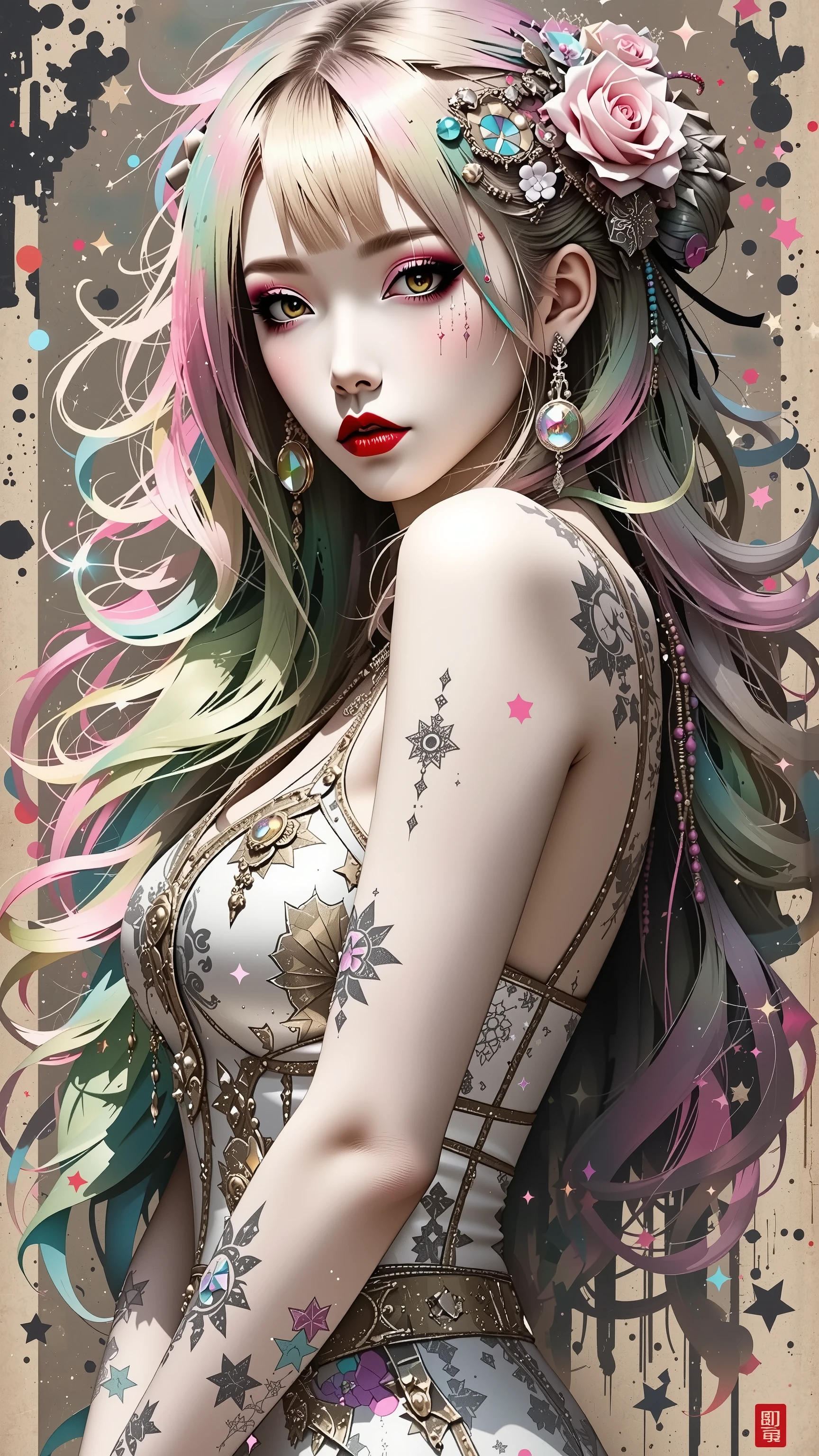 Japanese girl, (anime), manga, sexy, One Full Growth in Latex,  sparkles, Pink Green Hair, posing, ((Glitter Dust)), dynamic shadows, masterpiece, bright colors, Shimmers, clear details, beautiful appearance, Wide Format Image, score_9, score_8_up,score_7_up, masterpiece, best quality, perfect anatomy, very aesthetic, official art, 8k, porcelain doll, (((big tight round butt in viewer's face))), horny, sexual gaze, (((sideboob))), huge breasts, from behind, edgy graphic design, bunny ears, (petite)
