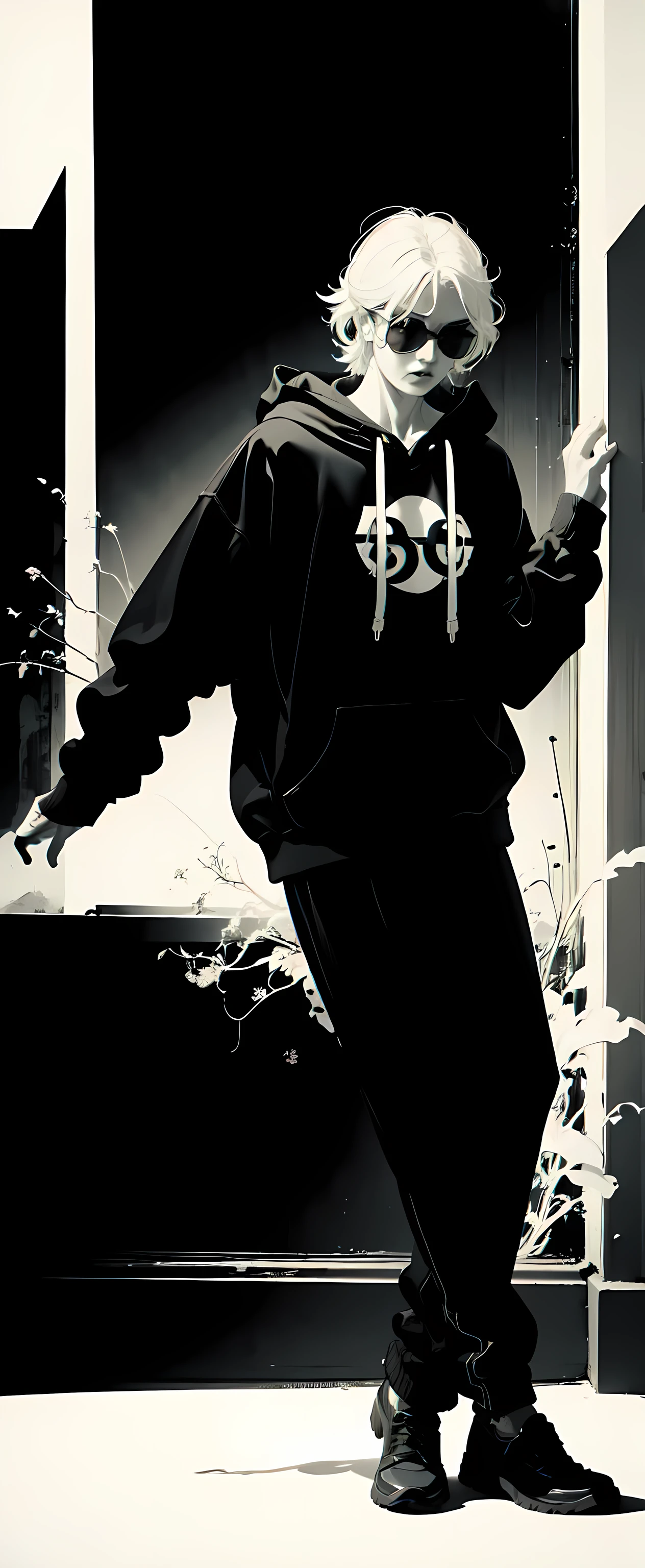  best quality ,  very detailed,Scene of heibaidiao , silhouette, light and shadow,flatcolor, flat art,  line art , 80's pop Art Style,  uses monotonous colors、Simple colors、Black and White 、 1 boy , Alone, night、 Street、neon、 hoodie、 hood 、Lie down、