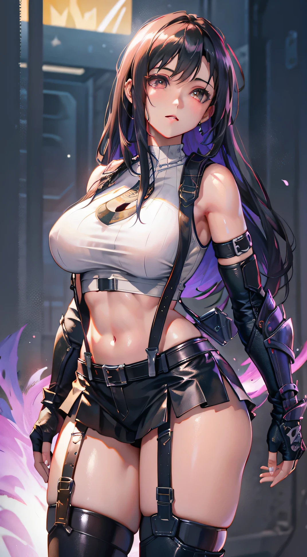 (Very delicate and beautiful:1.2)super model,,Beautiful breasts,voluptuous,【bike shorts】,,Highest quality, High resolution, 8k,mini skirt.cyber punk.Mechanical Sword