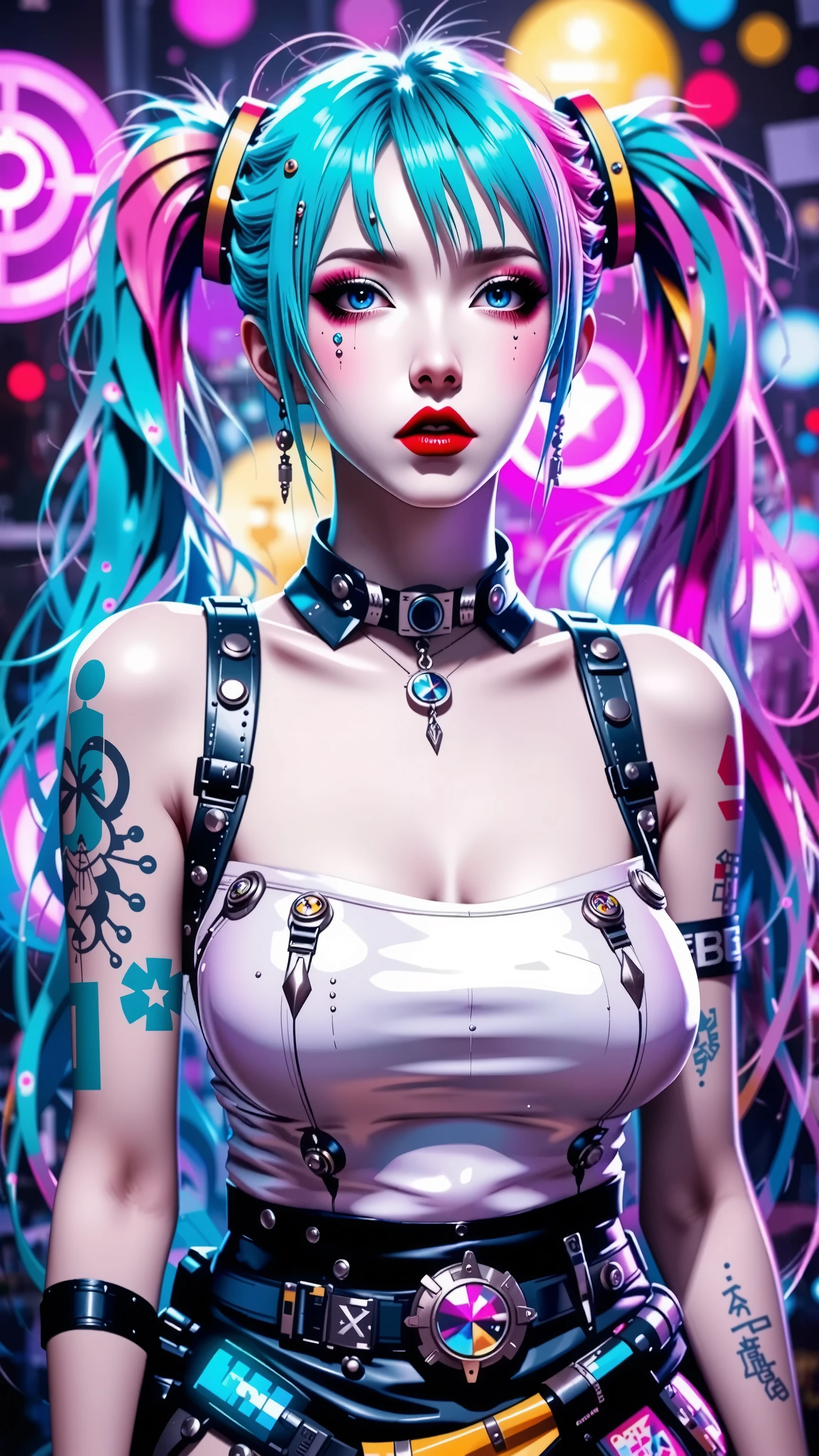 (masterpiece, top quality, best quality, official art, beautiful, cosmic, atmospheric, psychedelic, dreamlike and aesthetic, swirling psychedelic cosmic graffiti patterns:1.2), (1girl), extreme detailed,(fractal art:1.3),colorful,highest detailed, "(Best Quality, 8K, 32K, masutepiece:1.3), Ultra-detailed, (Photorealistic:1.4), pink and white colors, perfect color scheme, albino, Punk rock Girl, Detailed moonlight eyes, full body portrait, Luxurious neon white punk hair, Edgy Harajuku-inspired punk rock fashion, super huge enormously gigantic tits, cleavage showing, Avant-garde makeup, Numerous piercings, Heavily tattooed body, swirling psychedelic cosmic dreamlike graffiti pattern background