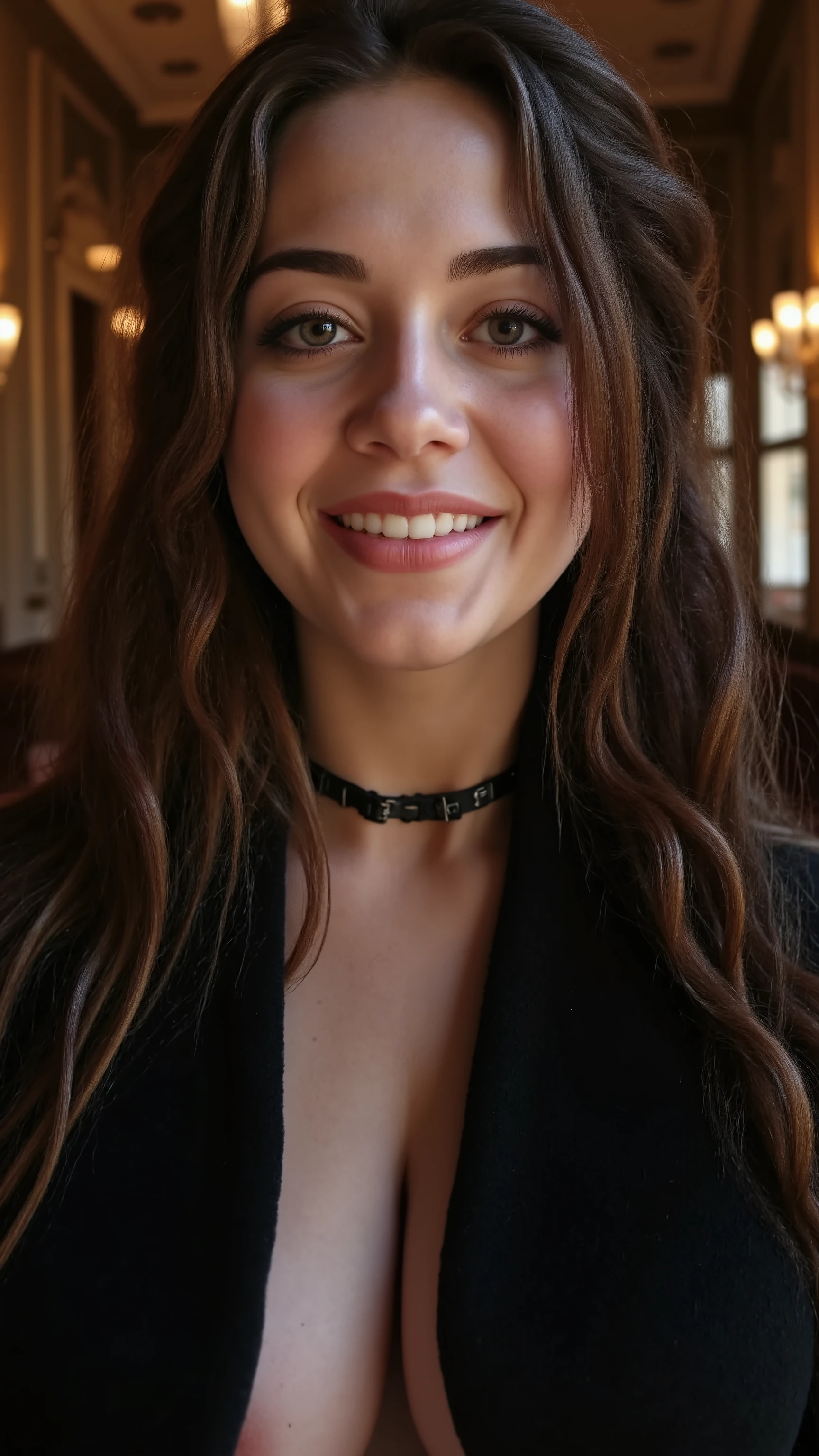 arafed woman with long hair and a black jacket smiling, barbara palvin, portrait of barbara palvin, portrait sophie mudd, wearing black choker, arian mark, mia kischner, hailee steinfeld, jodie bateman, amanda clarke, anya taylor joy, ana de armas, wearing choker, sydney sweeney, julia hetta