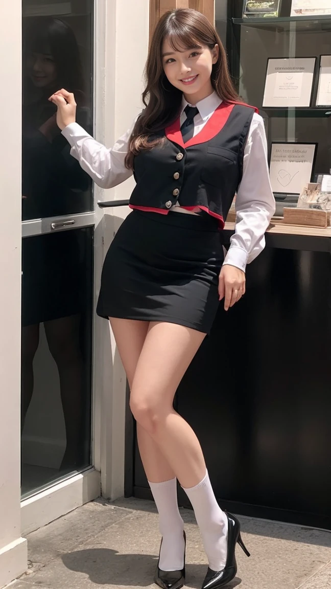 Japanese maid, Mature Woman, ((A little chubby, Round face, About 40)), Wavy black hair with no bangs, Long Hair, Twin ponytail, Flashy makeup, Fuller lips, Sexy Gaze, uniform, ((dressing)), looking at the camera, Low angle shooting, Cute duck mouth,((Extremely precise and accurate anatomy)), (masterpiece:1.43), Perfect Proportions, Realistic photos, Full Shot, whole body, (height: 148cm), High heels Has two legs,Has two arms、Has two legs, You need two arms))