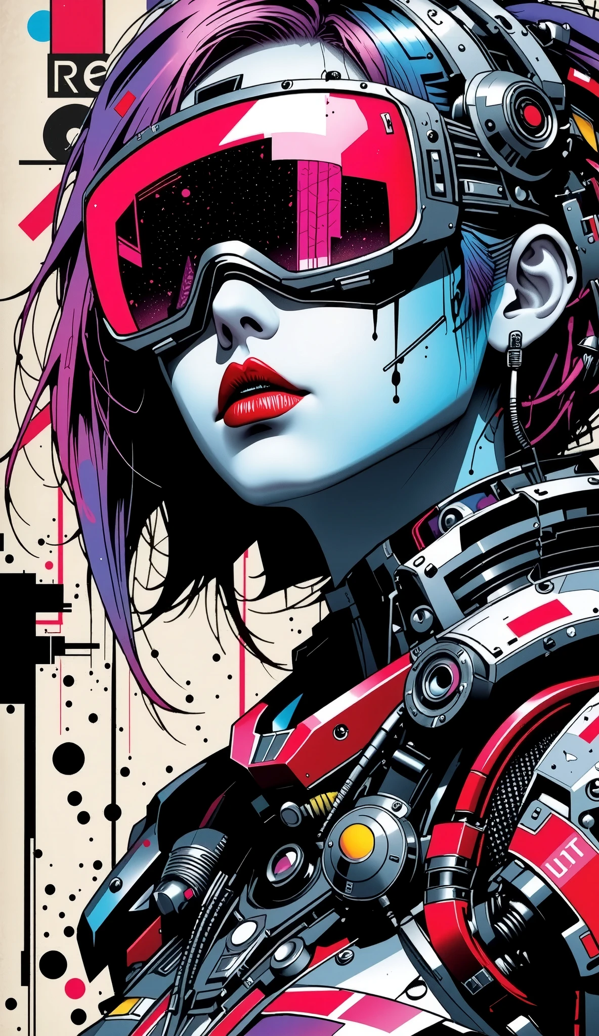 ((best quality)), ((masterpiece)), (detailed), perfect face of cyberpunk mecha japanese girl with neon red techno blindfold, neon blue body, neon purple hair, ((monochromatic neon red, blue, and purple color palette)), surreal, art nouveau, in the illustrative style of moebius, spaceships, aliens, fantasy, sci-fi, graphic novel, line drawing, french retro, bizarre, gallery worthy, work of uncanny art,