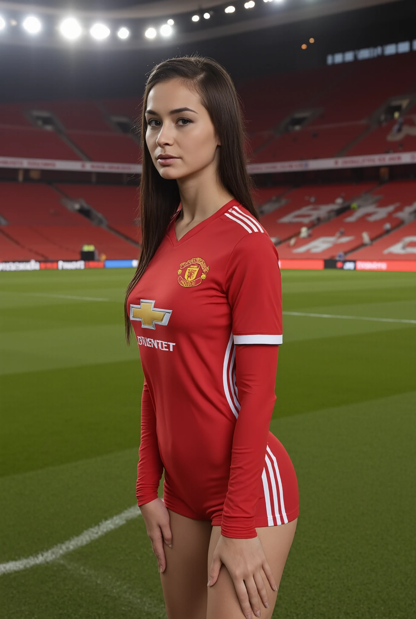 a beautiful 25 year old American actress,body paint as Manchester United uniform,nude standing pose in Old Trafford stadium,(best quality,4k,8k,highres,masterpiece:1.2),ultra-detailed,(realistic,photorealistic,photo-realistic:1.37),HDR,UHD,studio lighting,ultra-fine painting,sharp focus,physically-based rendering,extreme detail description,professional,vivid colors,bokeh,high quality portrait photography,dramatic studio lighting,cinematic angle,dramatic pose