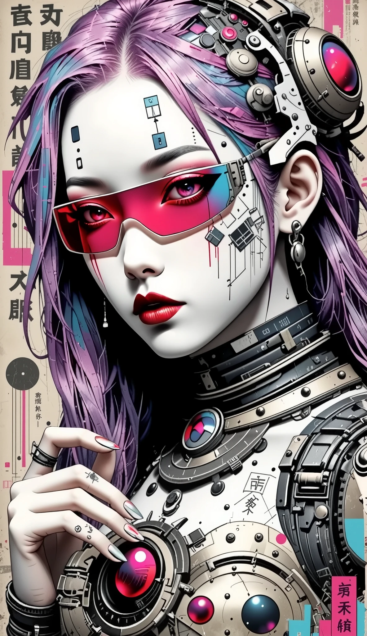 ((best quality)), ((masterpiece)), (detailed), perfect face of cyberpunk mecha japanese girl with neon red techno blindfold, neon blue body, neon purple hair, ((monochromatic neon red, blue, and purple color palette)), surreal, art nouveau, in the illustrative style of moebius, spaceships, aliens, fantasy, sci-fi, graphic novel, line drawing, french retro, bizarre, gallery worthy, work of uncanny art,


